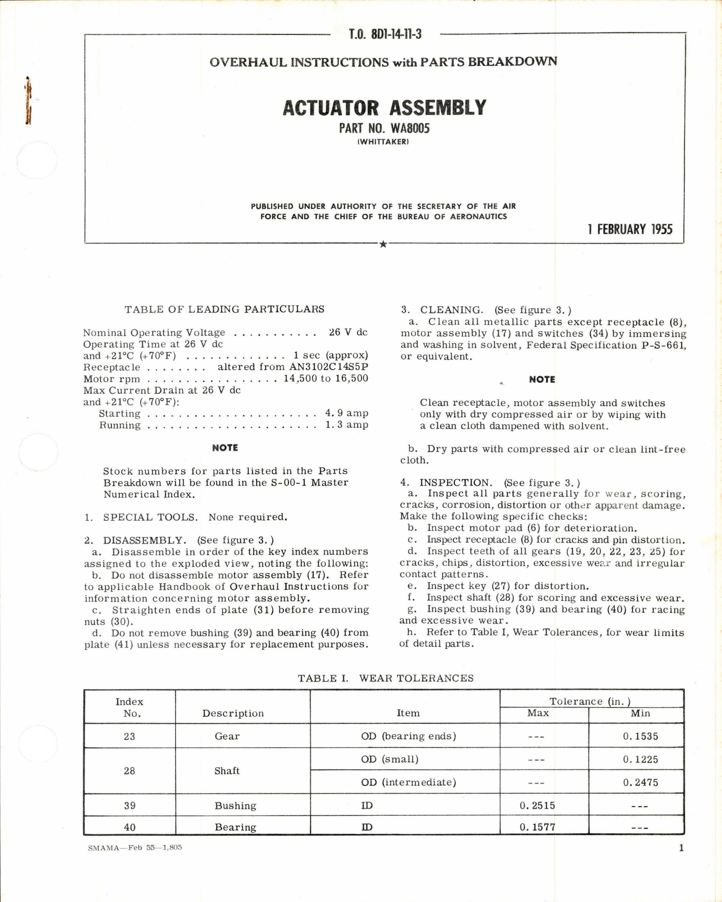 Sample page 1 from AirCorps Library document: Instructions w Parts Breakdown for Actuator Assembly Part WA8005