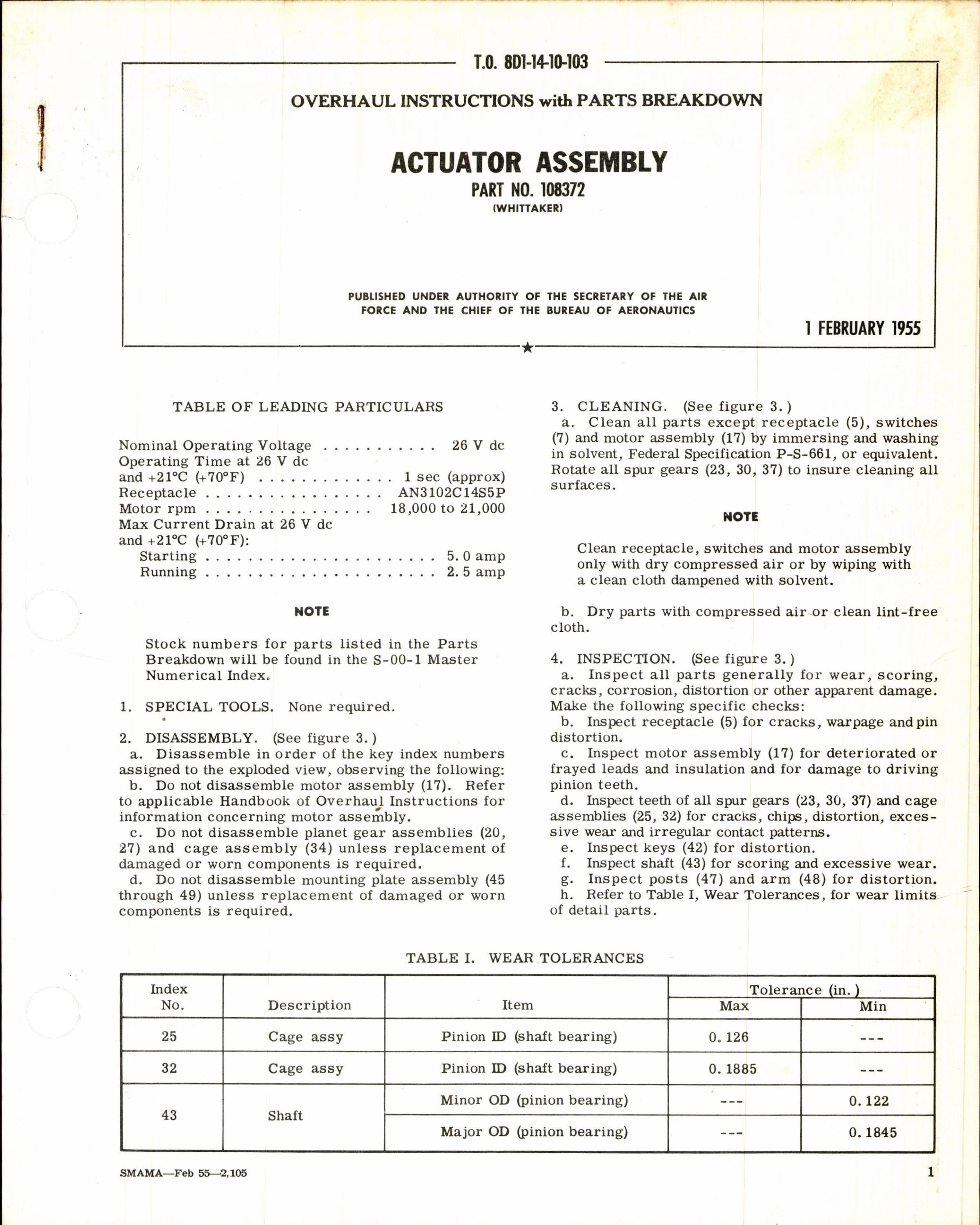 Sample page 1 from AirCorps Library document: Instructions w Parts Breakdown for Actuator Assembly Part 108372