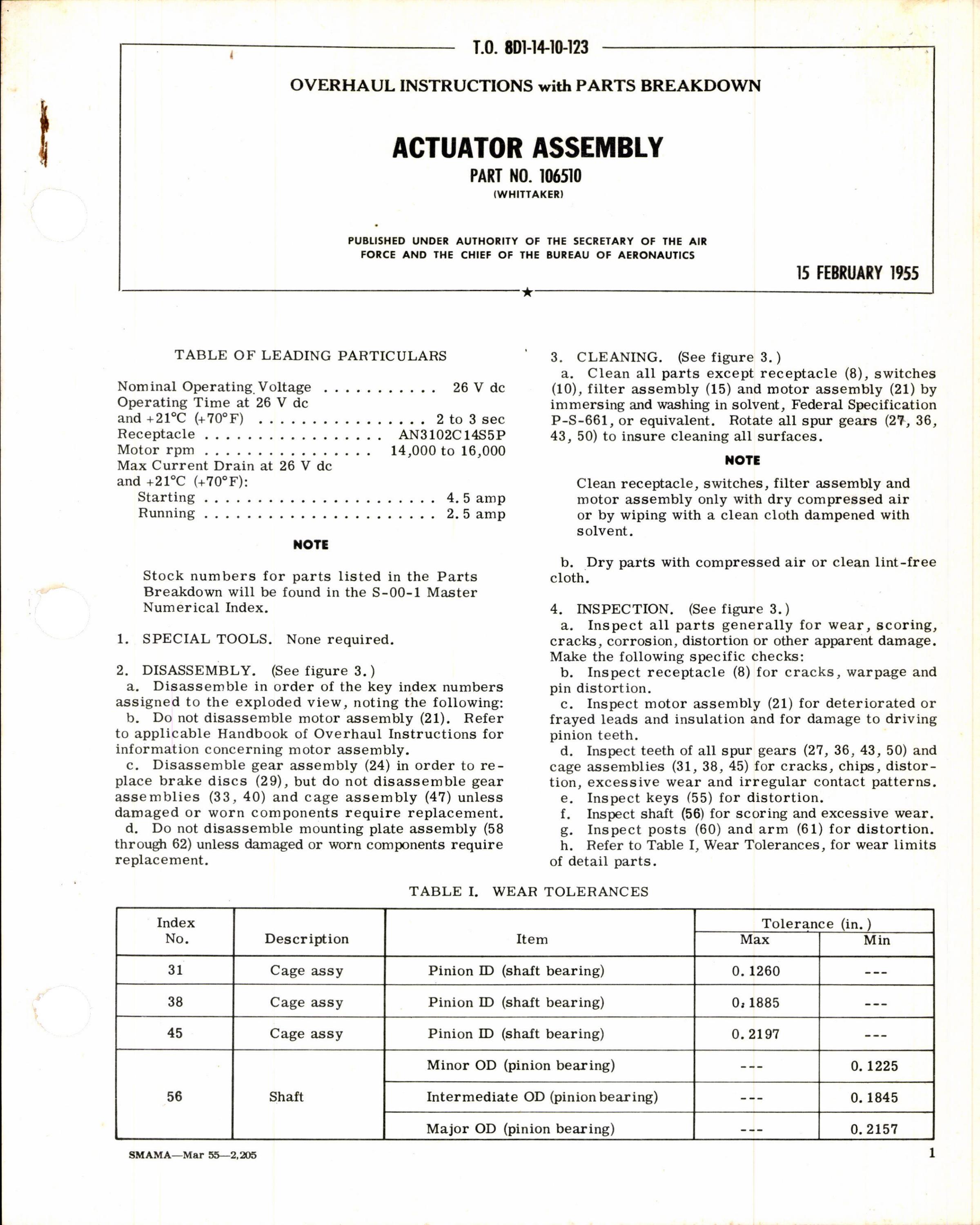 Sample page 1 from AirCorps Library document: Instructions w Parts Breakdown for Actuator Assembly Part 106510
