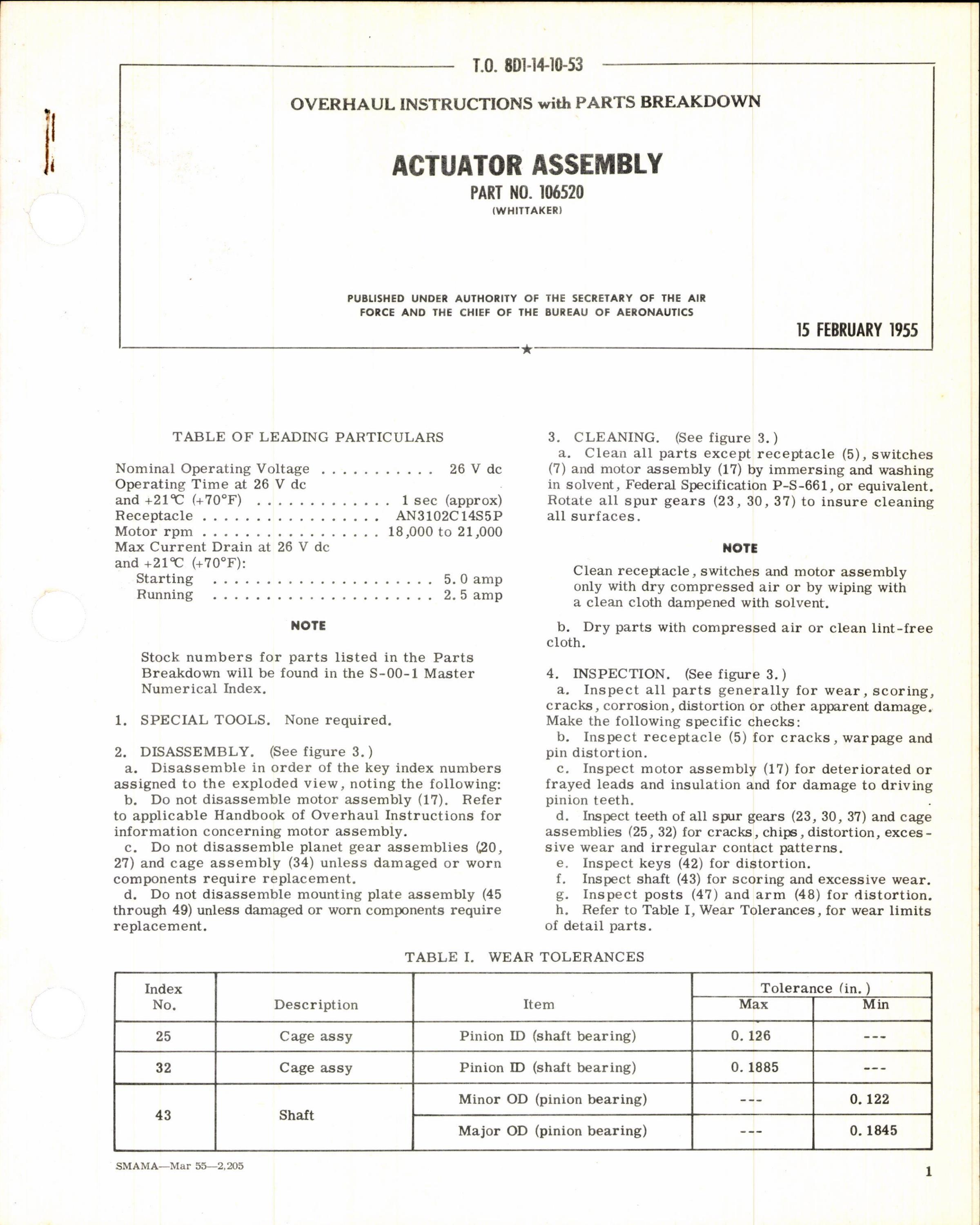Sample page 1 from AirCorps Library document: Instructions w Parts Breakdown for Actuator Assembly Part 106520