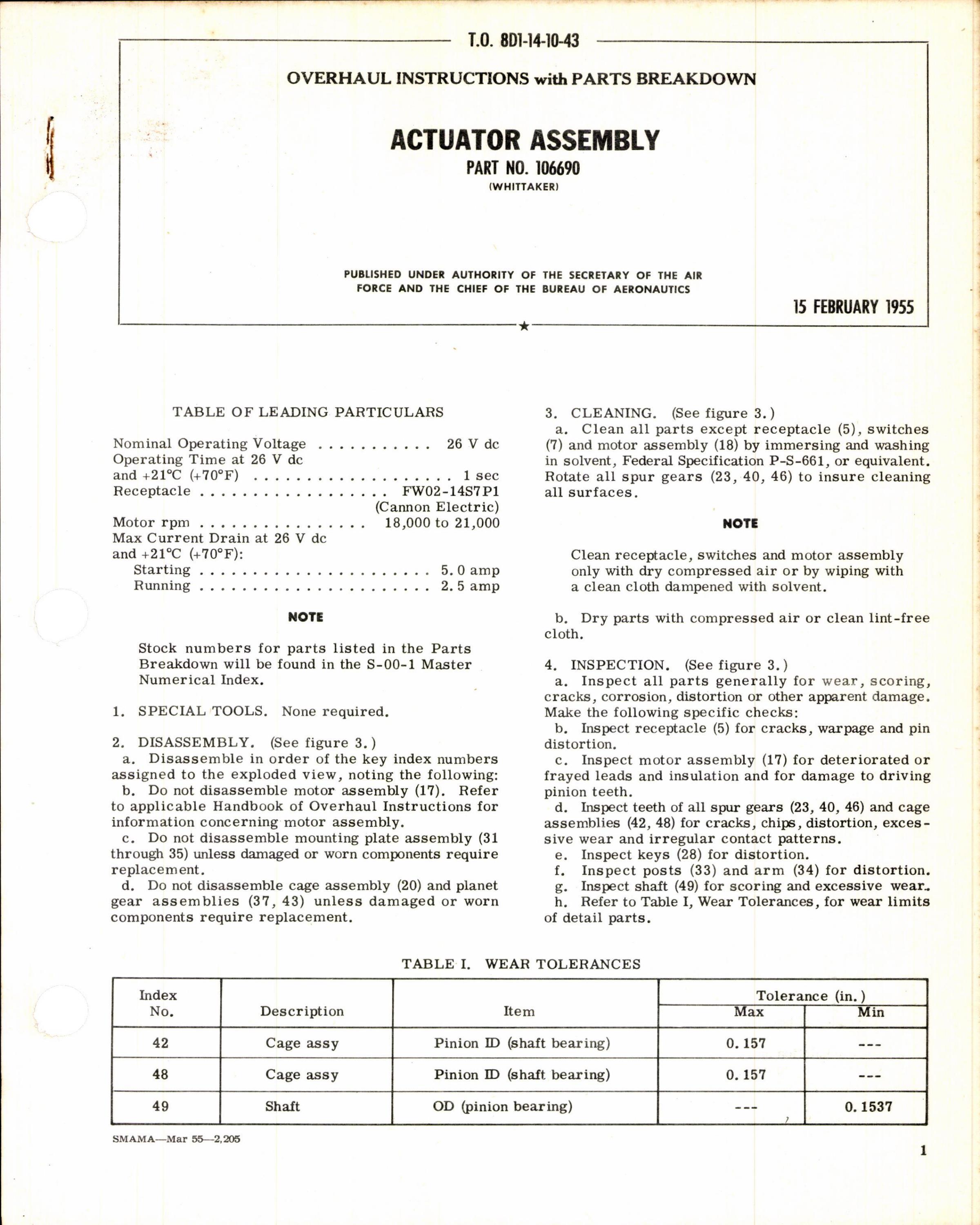 Sample page 1 from AirCorps Library document: Instructions w Parts Breakdown for Actuator Assembly Part 106690