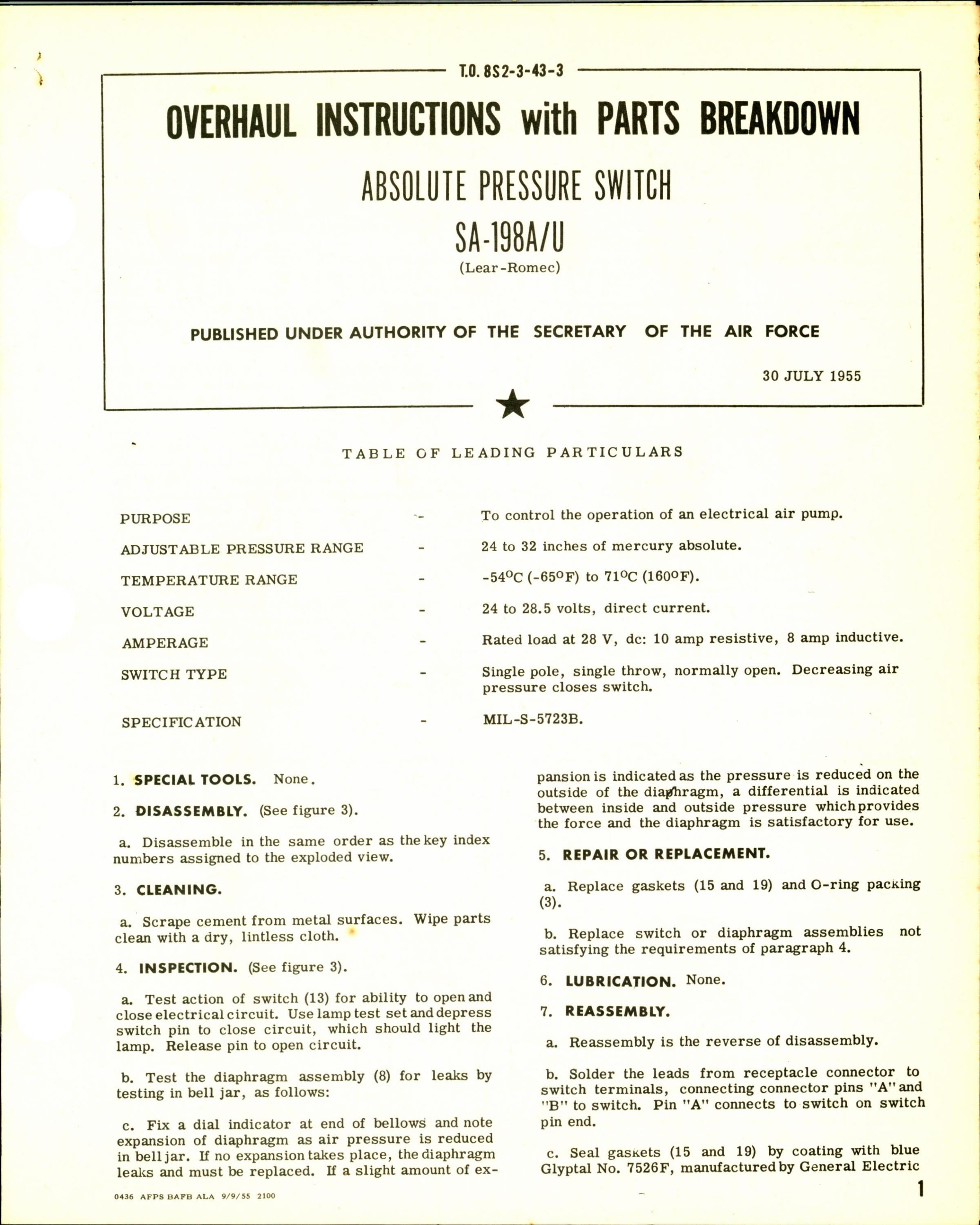 Sample page 1 from AirCorps Library document: Overhaul Instructions with Parts Breakdown for Absolute Pressure Switch SA-198A-U