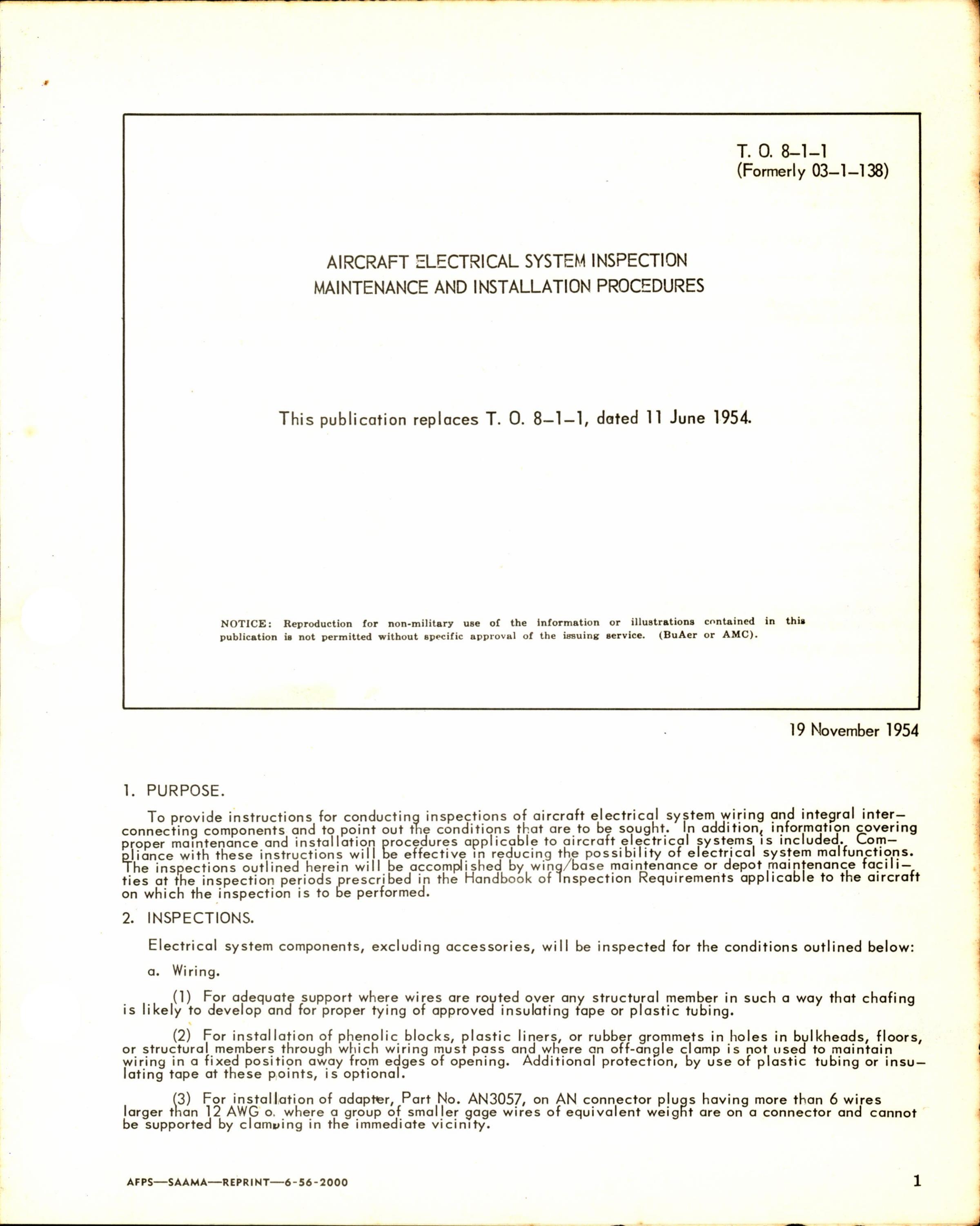 Sample page 1 from AirCorps Library document: Aircraft Electrical System Inspection Maintenance and Installation Procedures