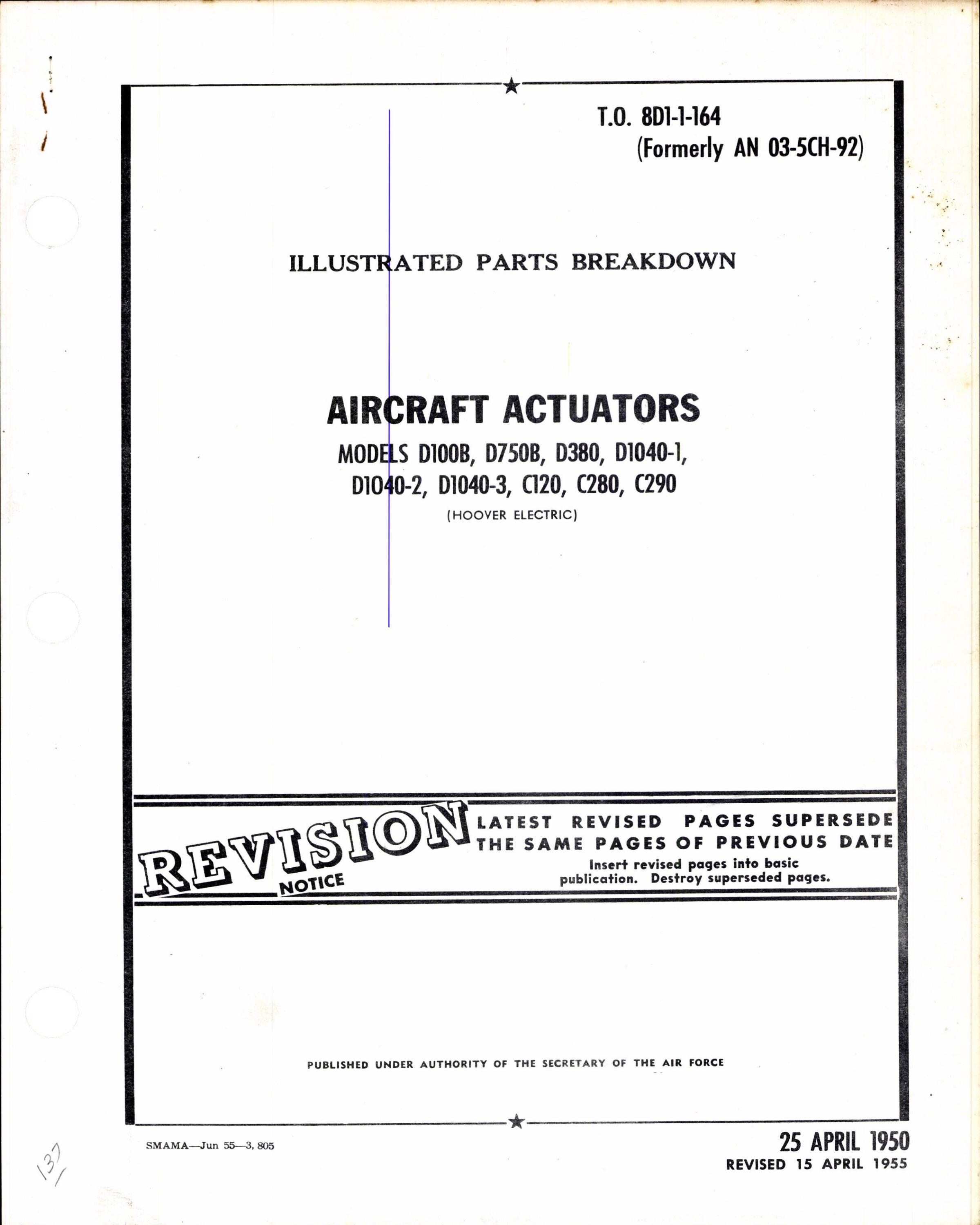 Sample page 1 from AirCorps Library document: Overhaul Instructions for Aircraft Actuators Models D100B, D750B, D380, D1040-1, D1040-2, D1040-3, C120, C280, and C290