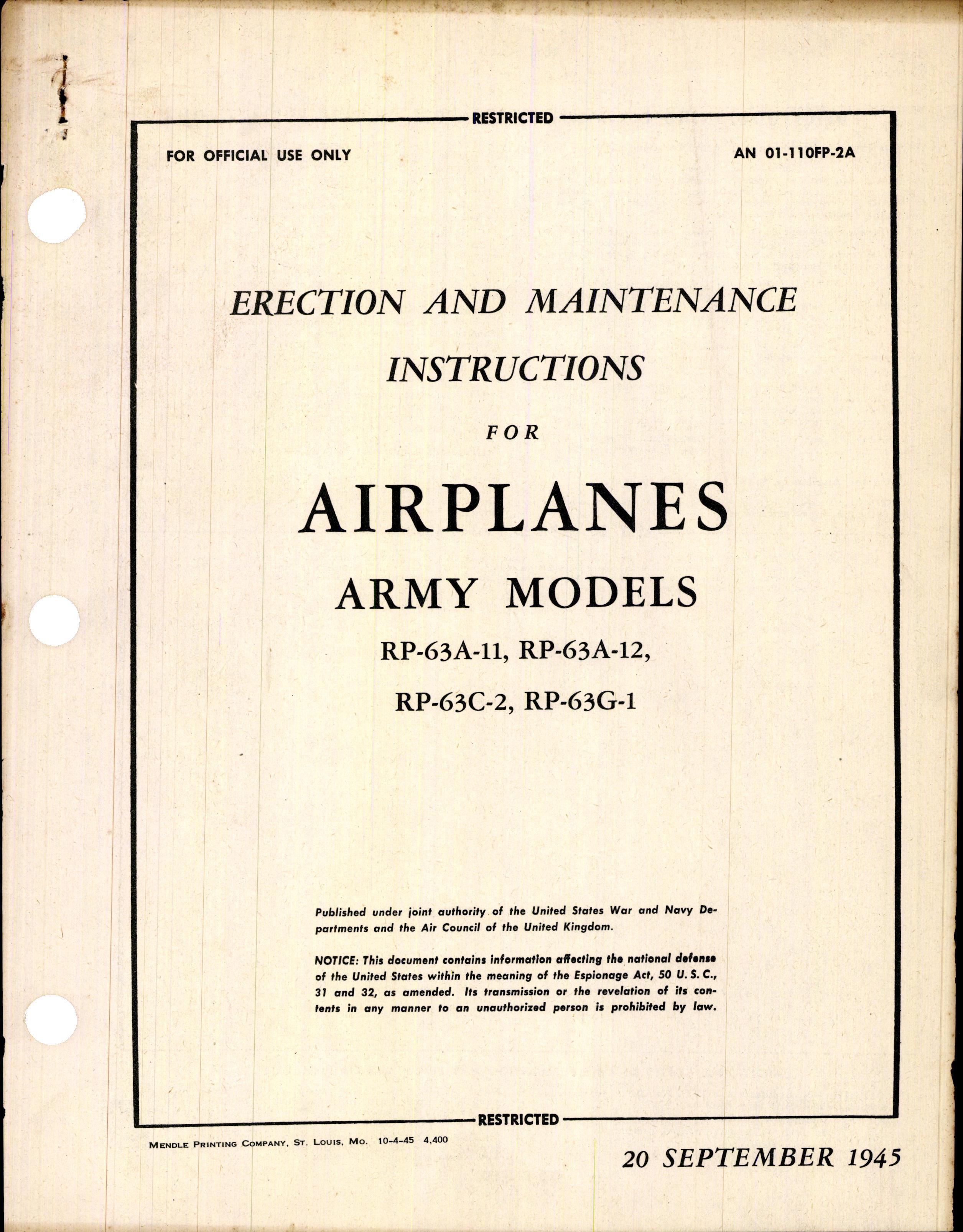 Sample page 1 from AirCorps Library document: Maintenance Instructions for Airplanes Army Models RP-63A