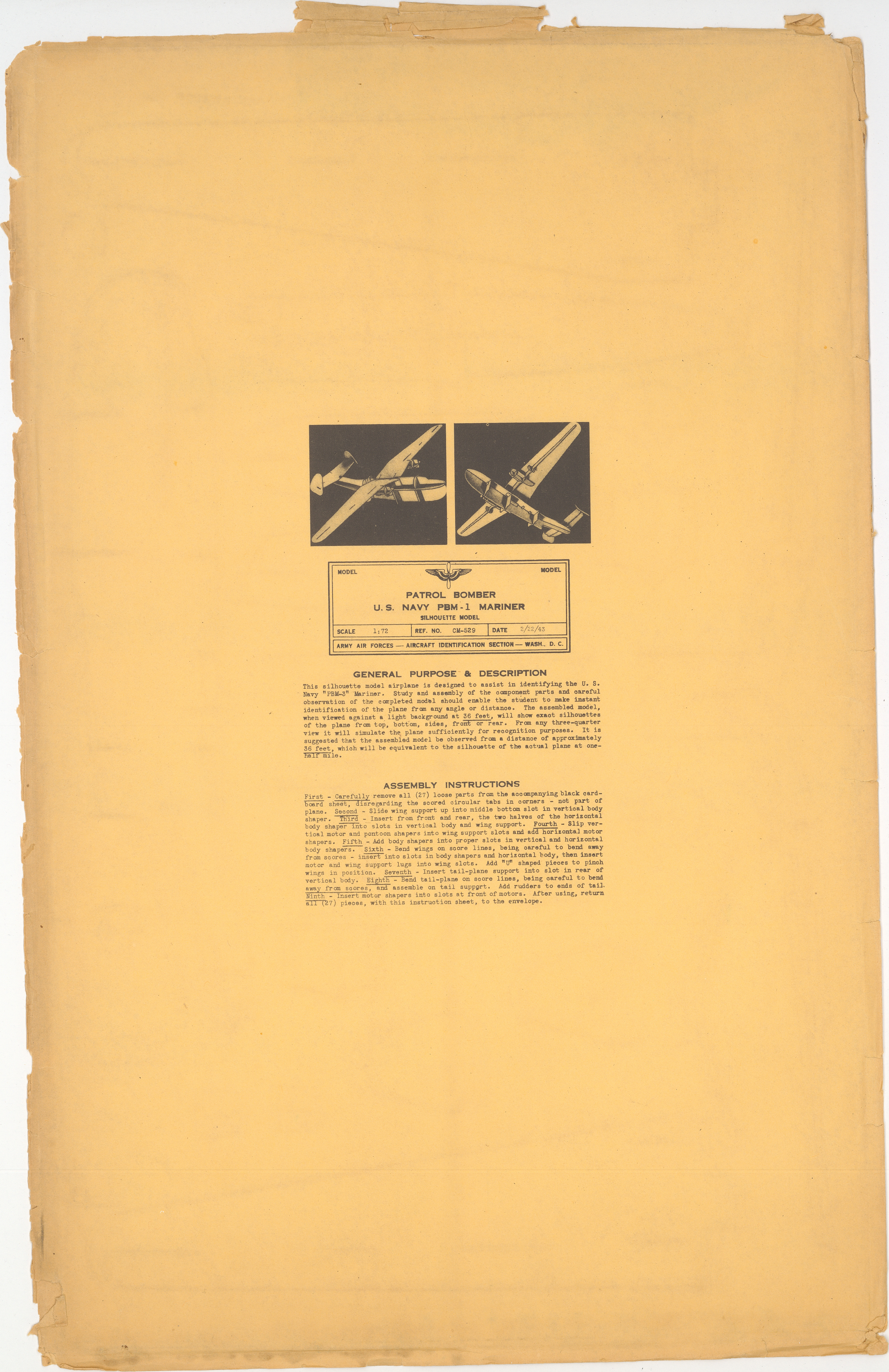 Sample page 1 from AirCorps Library document: U.S. Navy Patrol Bomber PBM-1 Mariner Silhouette Model and Assembly Instructions