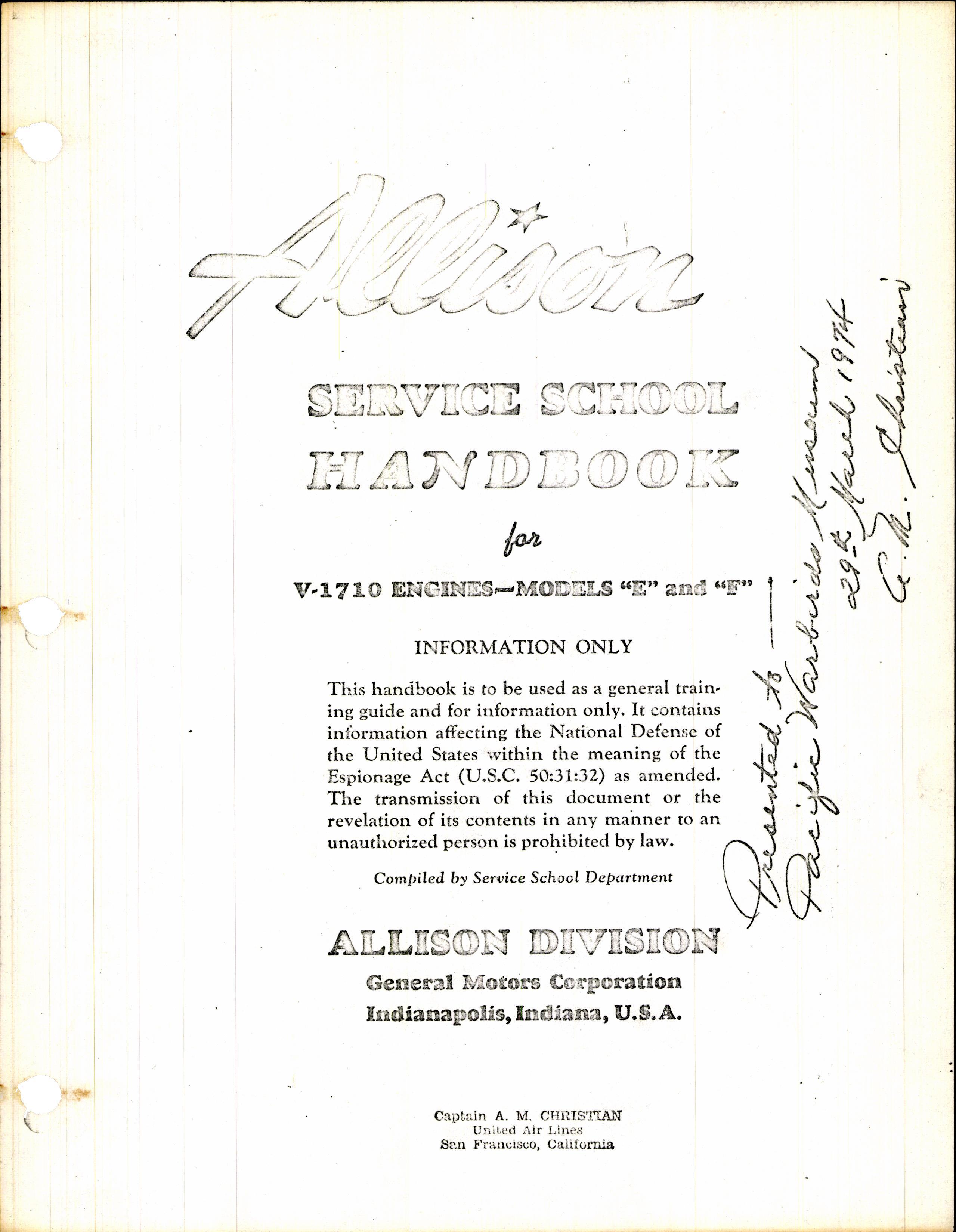 Sample page 1 from AirCorps Library document: Allison Service School Handbook for V-1710 Engines Model E and F