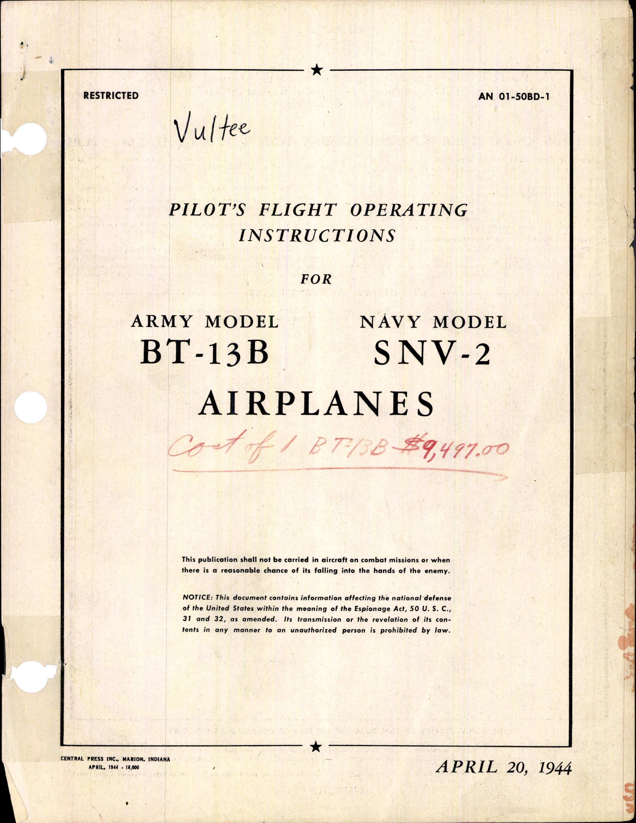 Sample page 1 from AirCorps Library document: Pilot's Flight Operating Instructions for BT-13B, SNV-2
