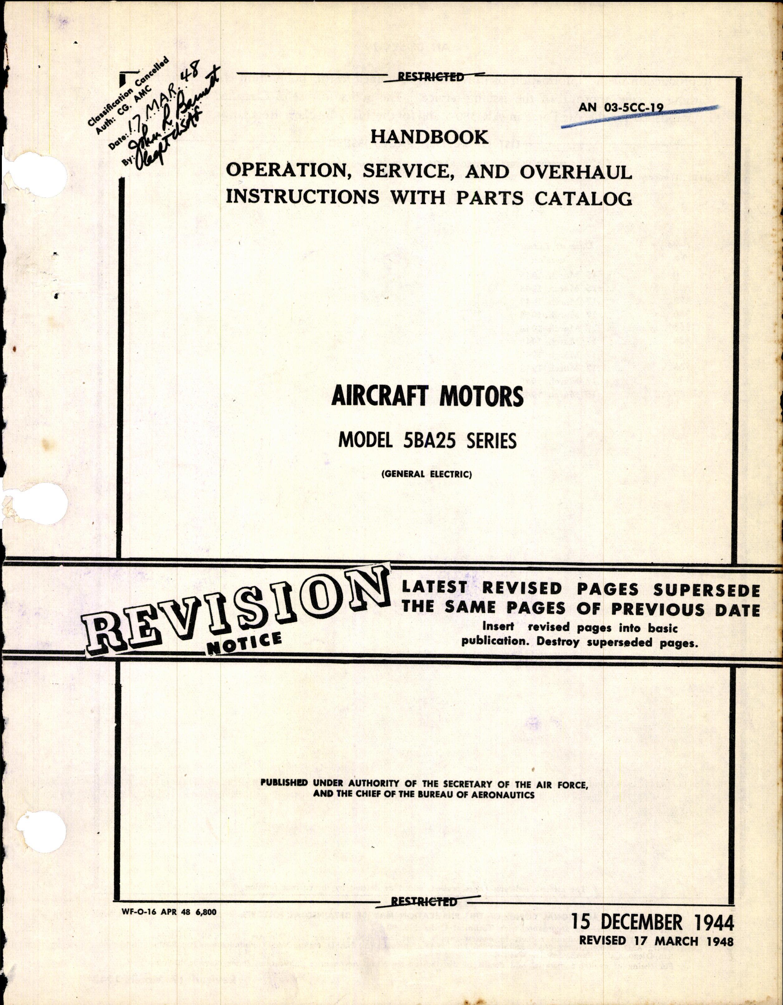 Sample page 1 from AirCorps Library document: Operation, Service, & Overhaul Inst w/ Parts Catalog for Aircraft Motors Model 5BA25 Series