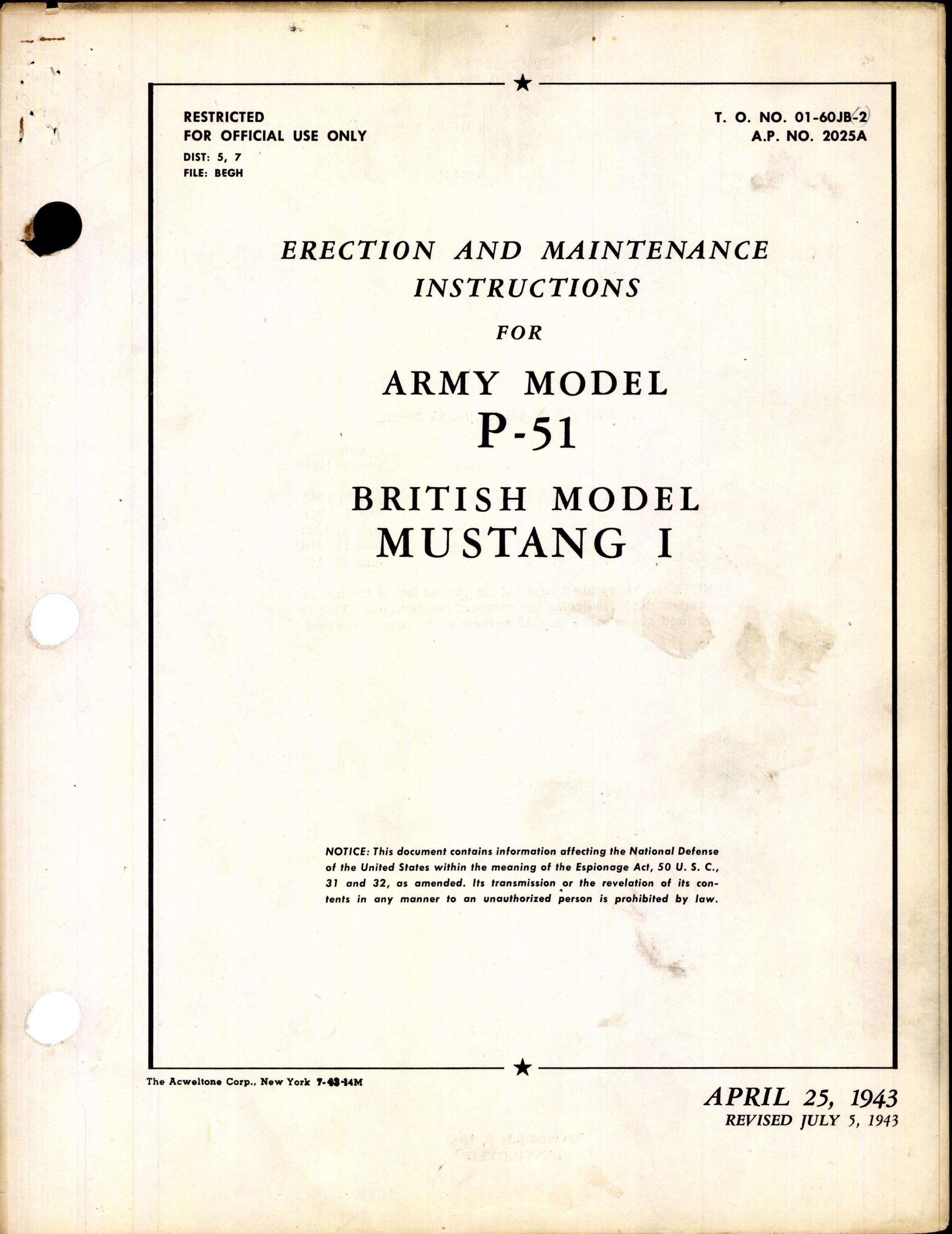 Sample page 1 from AirCorps Library document: Erection and Maintenance Instructions for Army P-51