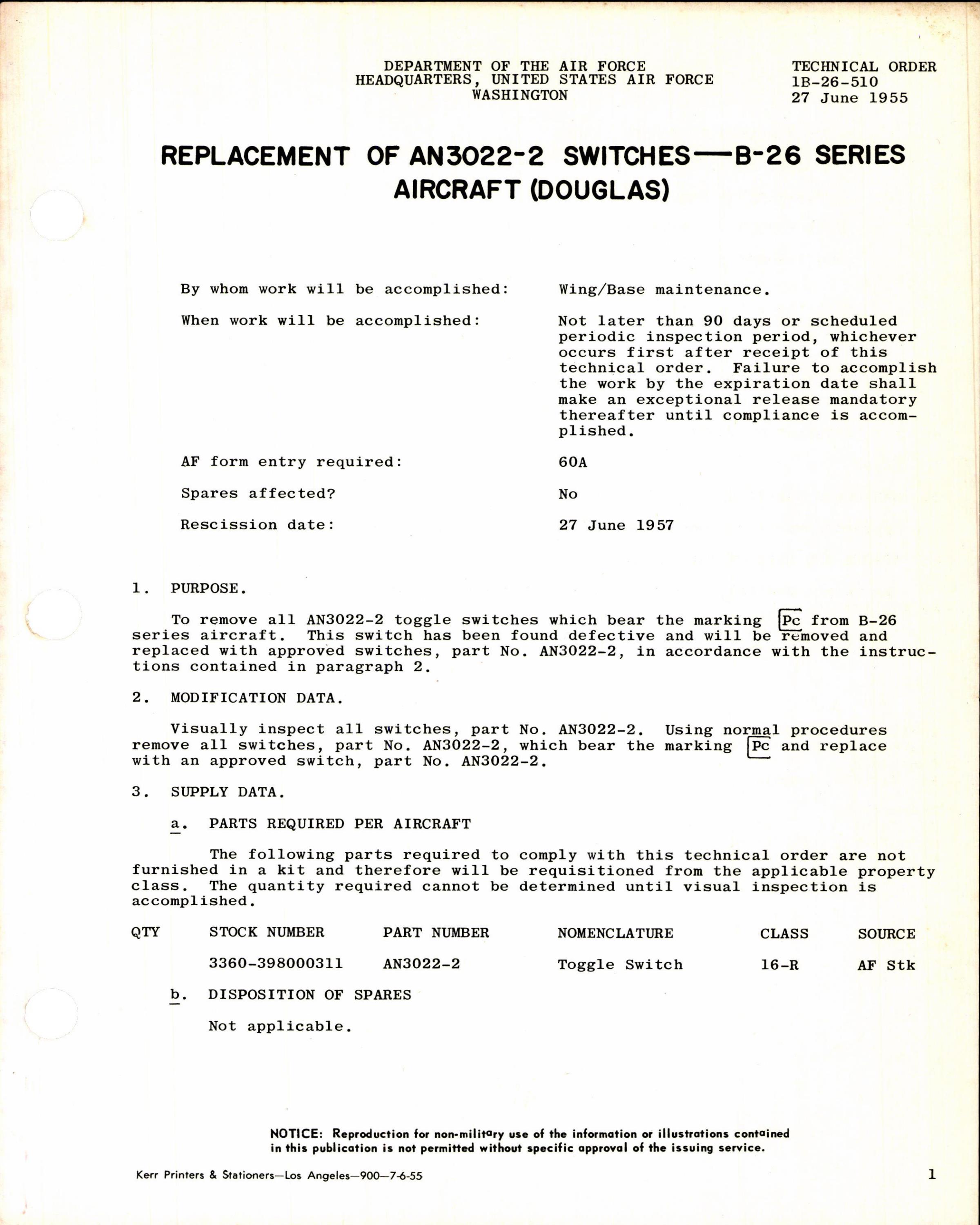 Sample page 1 from AirCorps Library document: Replacement of AN3022-2 Switches for B-26 Series Aircraft