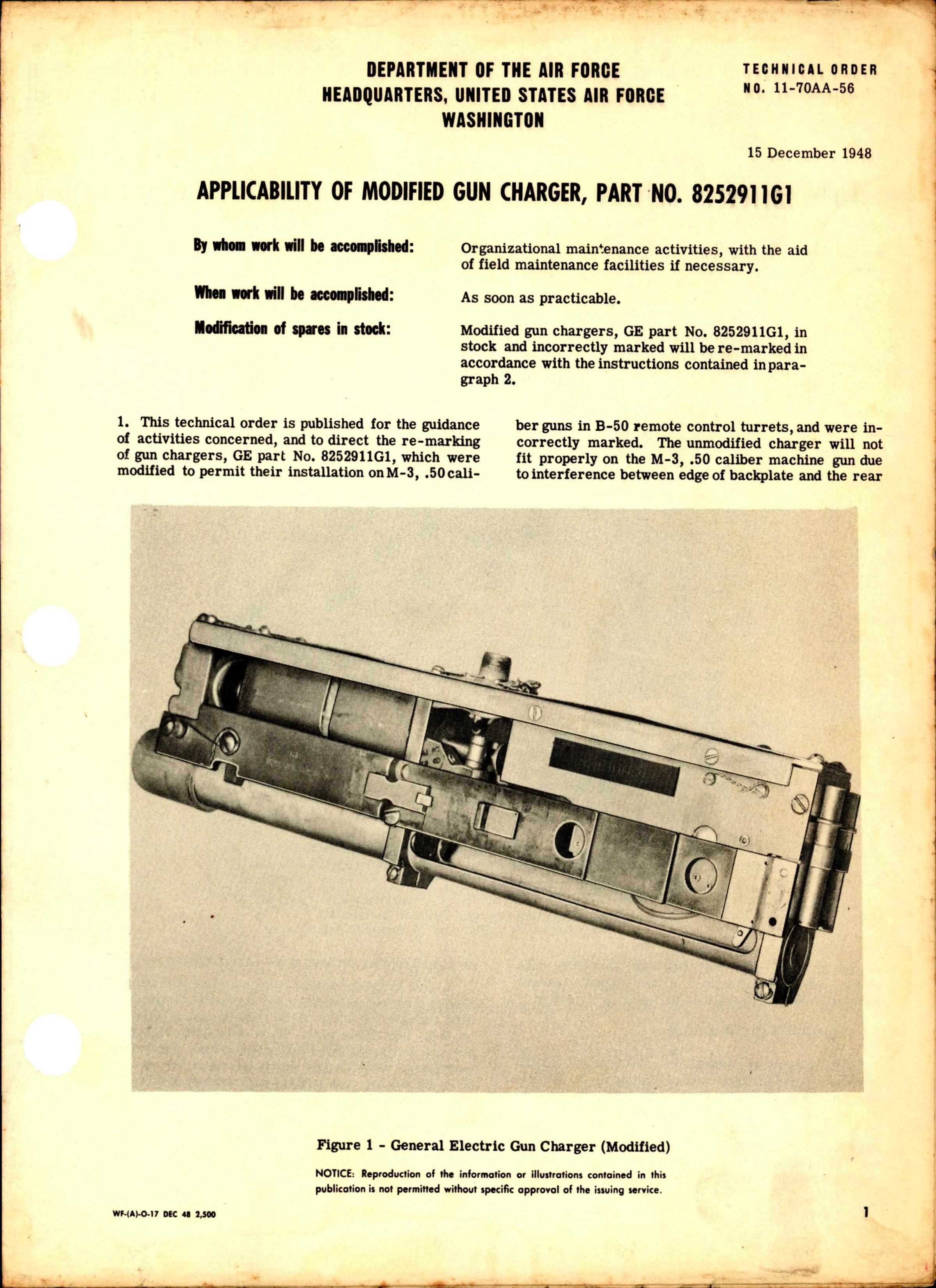 Sample page 1 from AirCorps Library document: Applicability of Modified Gun Charger Part No. 8252911G1