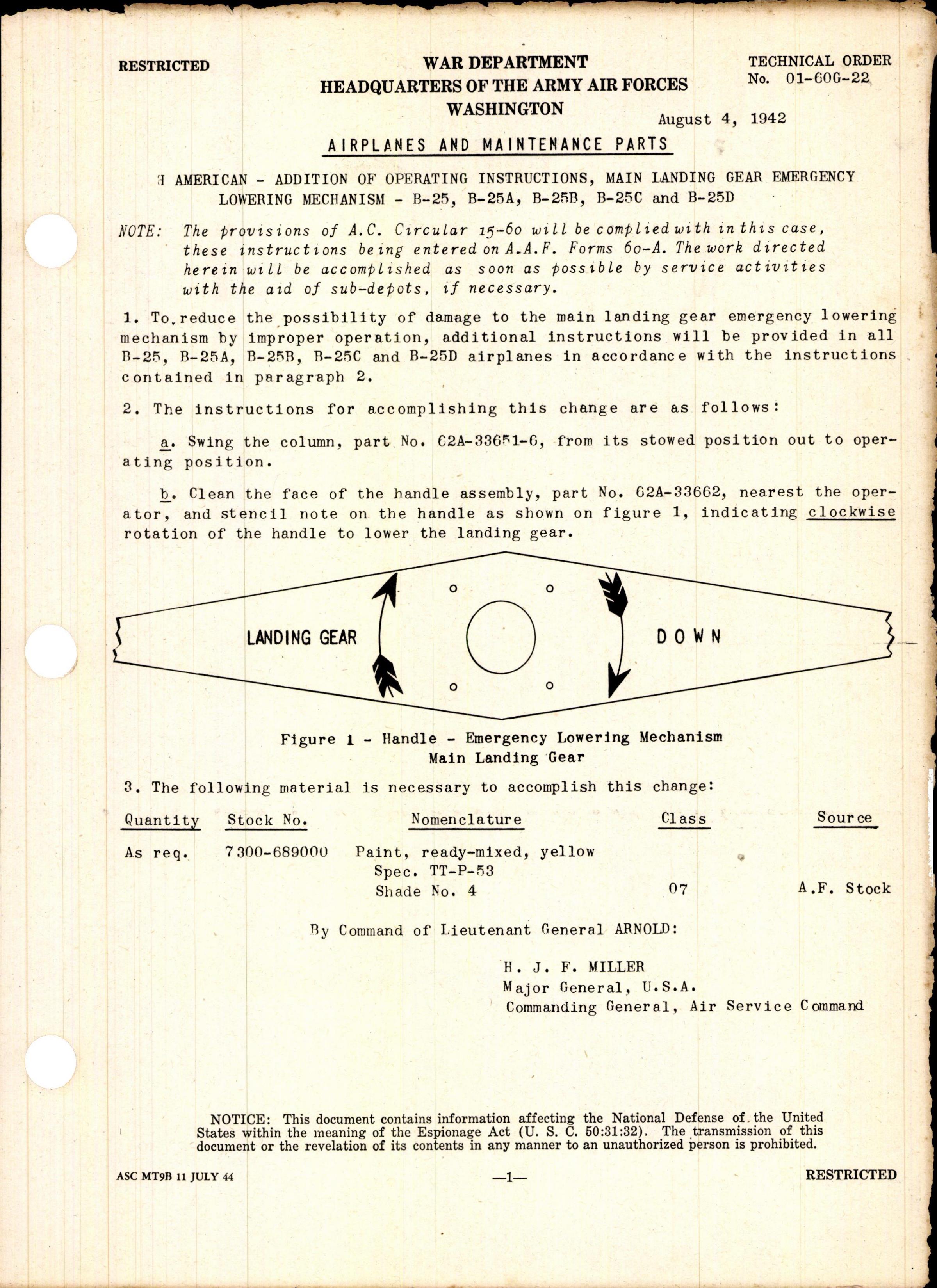 Sample page 1 from AirCorps Library document: Landing Gear Emergency Lowering Mechanism for B-25