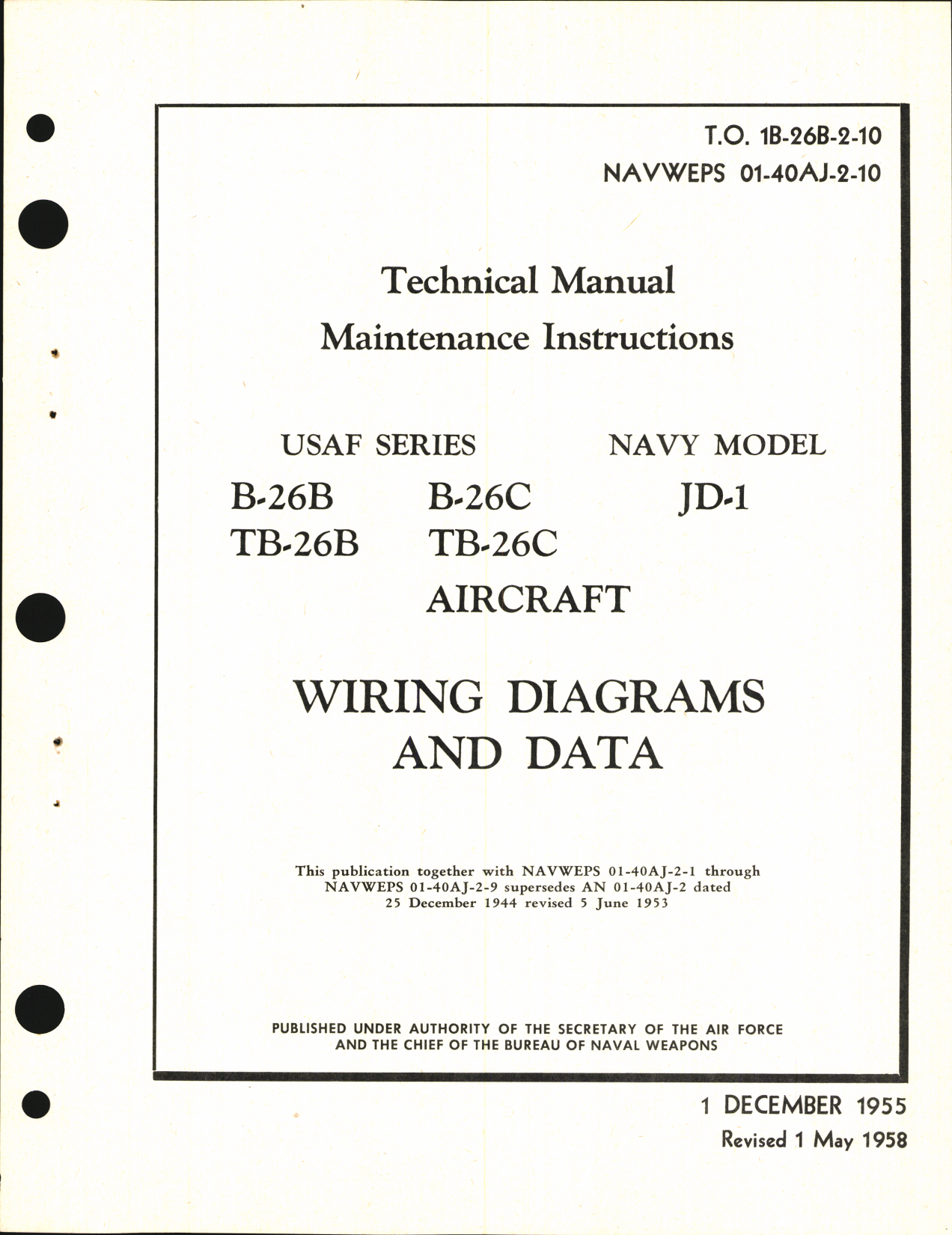 Sample page 1 from AirCorps Library document: Maintenance Instructions for B-26B, B-26C, TB-26B, TB-26C, and JD-1 - Wiring Diagrams and Data