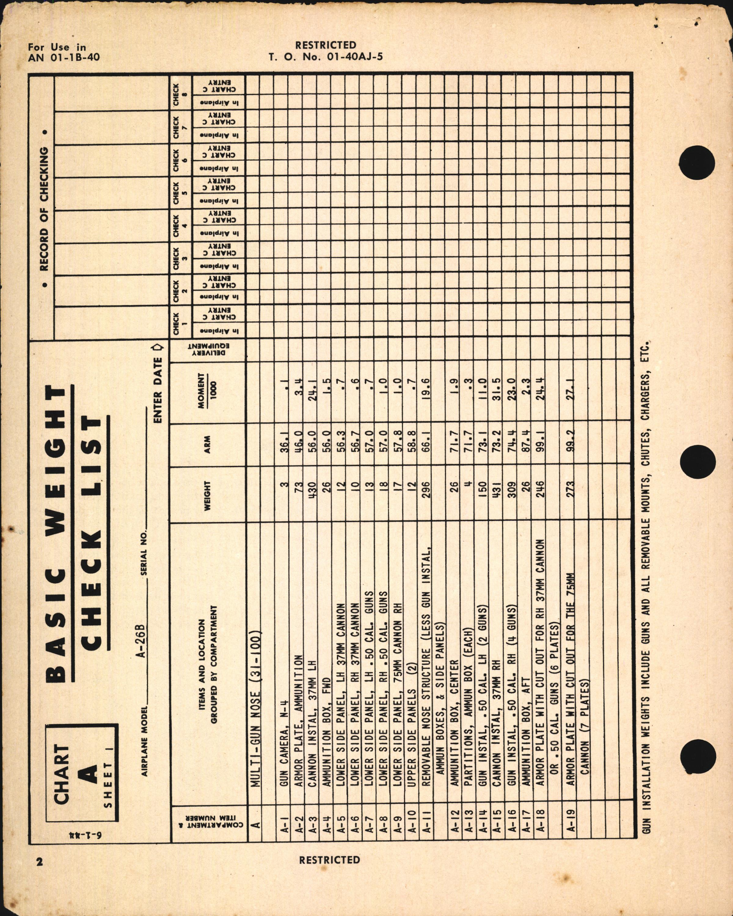 Sample page 4 from AirCorps Library document: Basic Weight Check List & Loading Data for Army Model A-26B Airplane