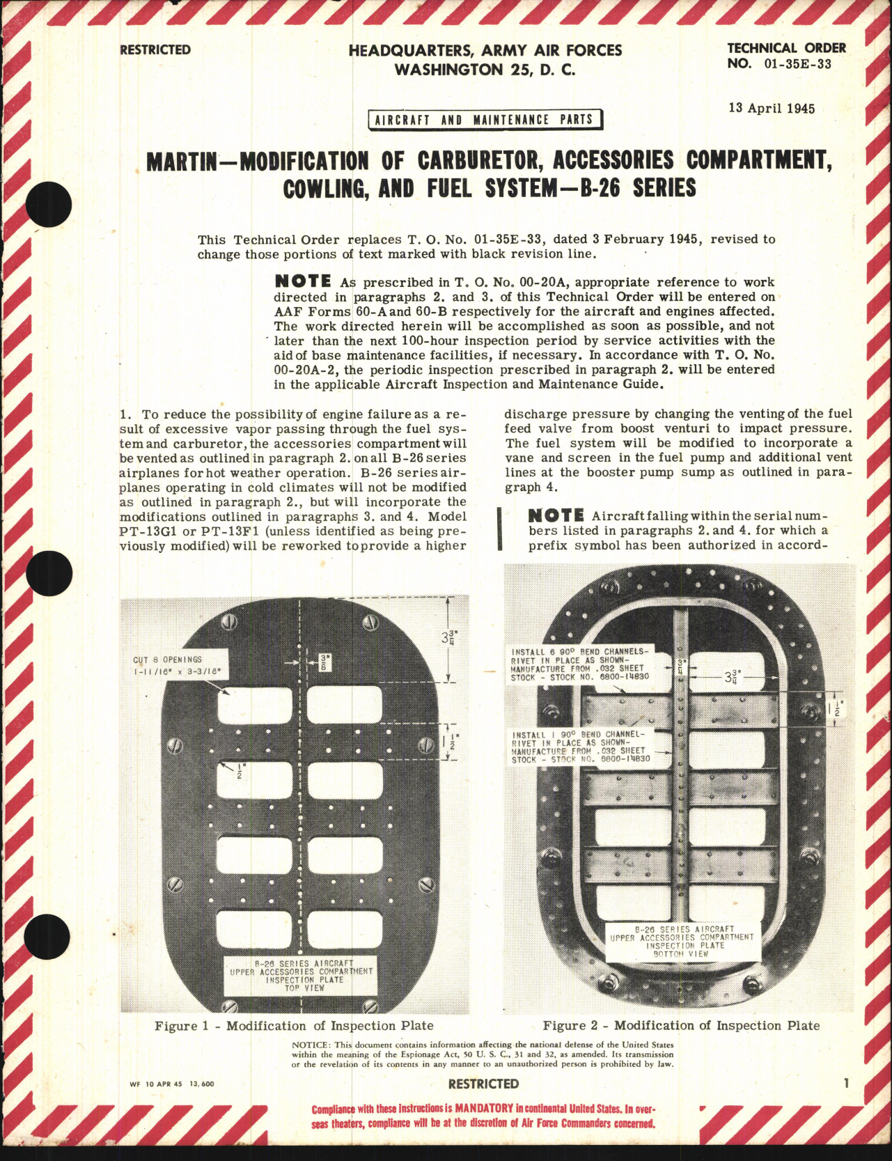 Sample page 1 from AirCorps Library document: Modification of Carburetor, Accessories Compartment. Cowling, and Fuel System for B-26 Series