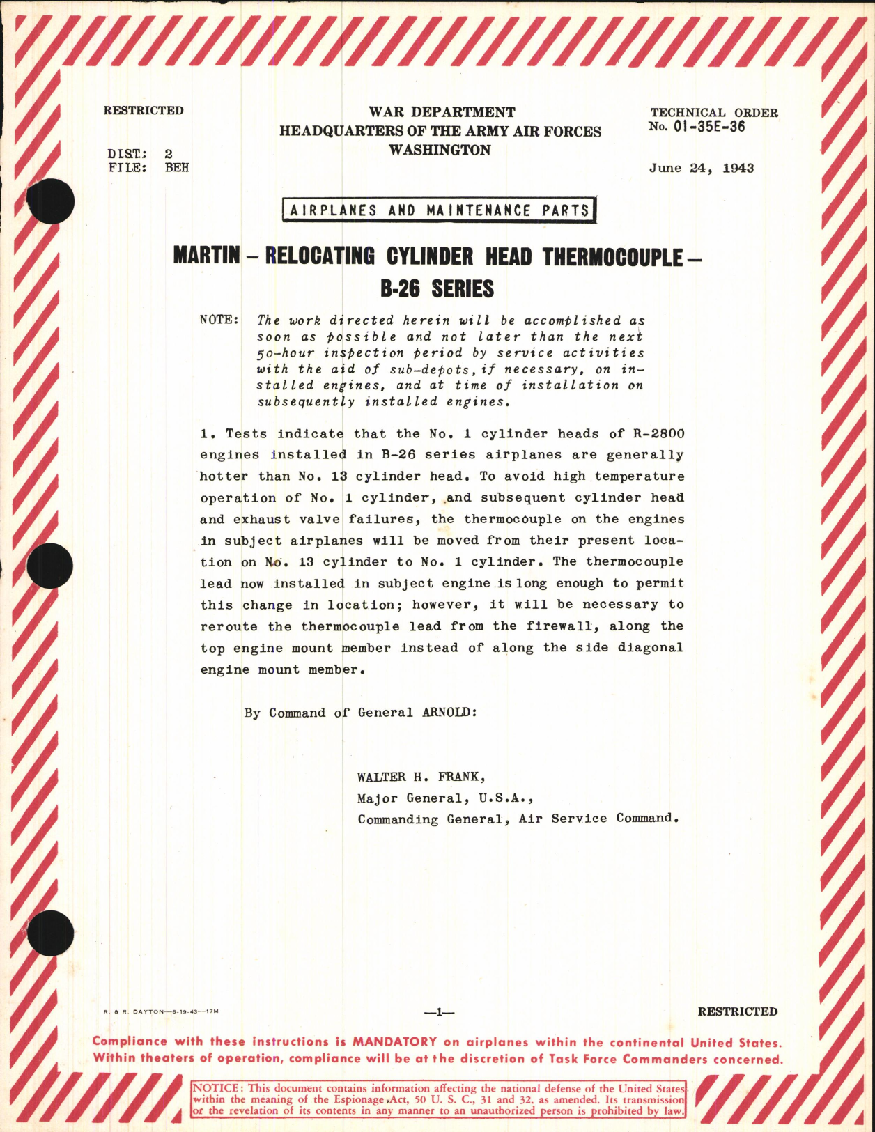 Sample page 1 from AirCorps Library document: Relocating Cylinder Head Thermocouple for B-26 Series