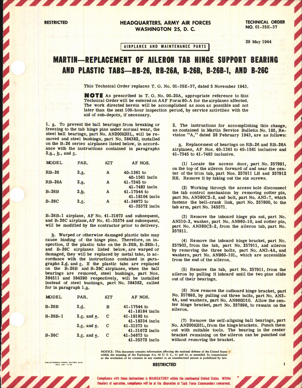 Sample page 1 from AirCorps Library document: Replacement of Aileron Tab Hinge Support Bearing and Plastic Tabs for RB-26, RB-26A, B-26B, B-26B-1, and R-26C