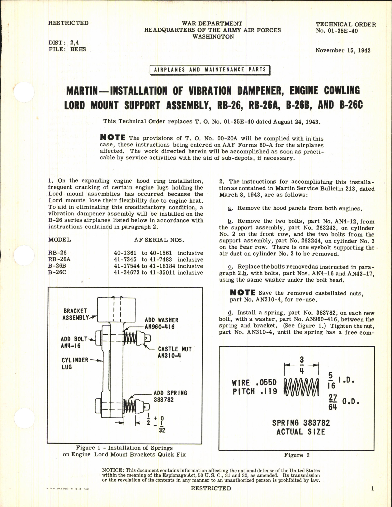 Sample page 1 from AirCorps Library document: Installation of Vibration Dampener, Engine Cowling Lord Mount Support Assembly