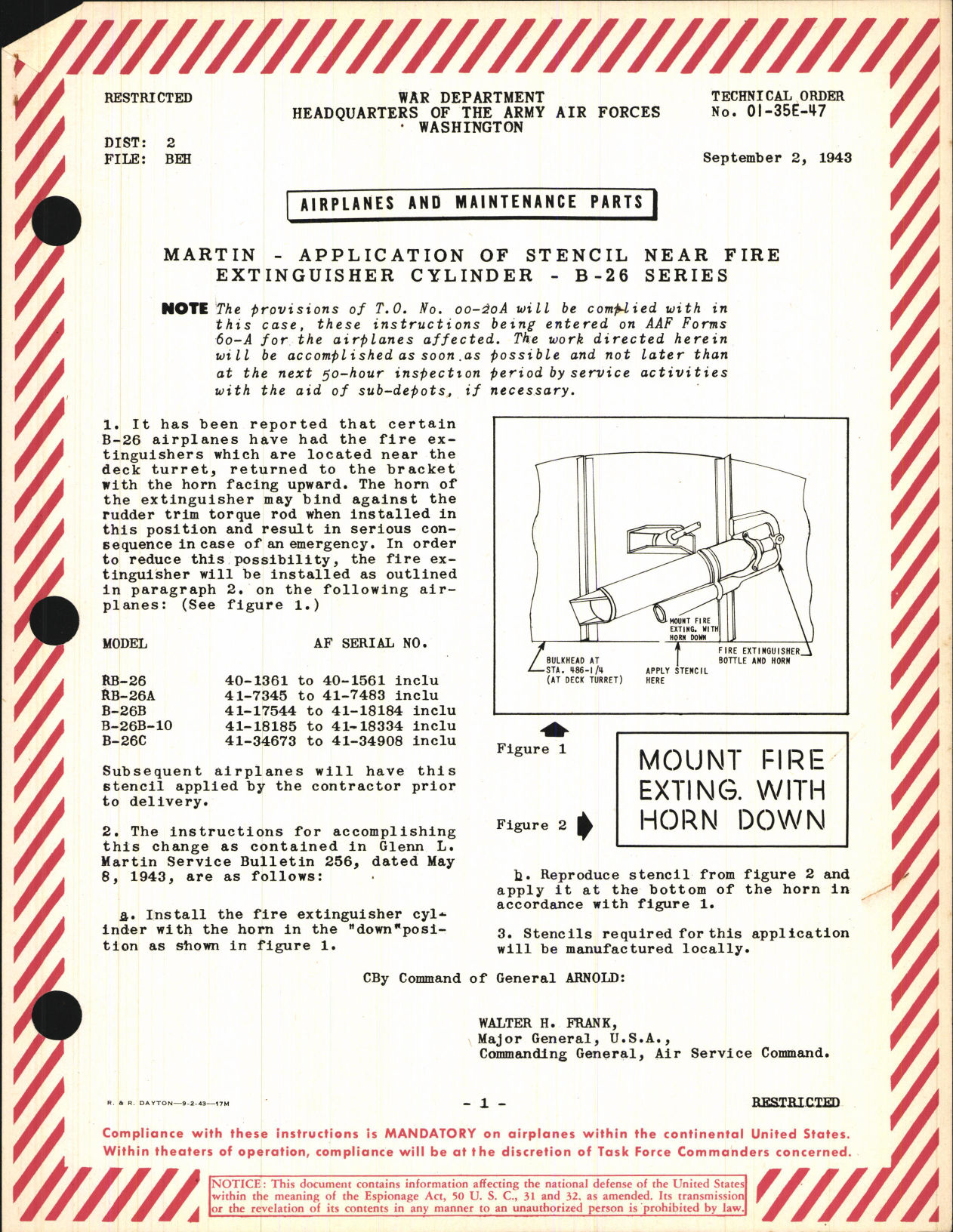 Sample page 1 from AirCorps Library document: Application of Stencil Near Fire Extinguisher Cylinder for B-26 Series