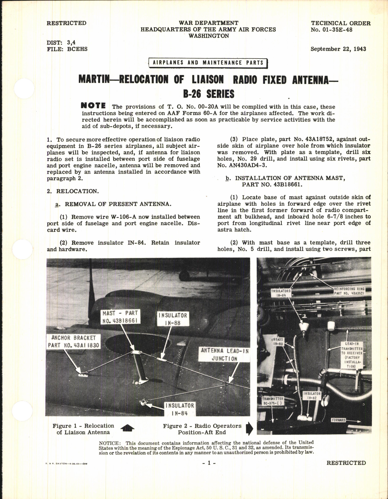 Sample page 1 from AirCorps Library document: Relocation of Liaison Radio Fixed Antenna for B-26 Series