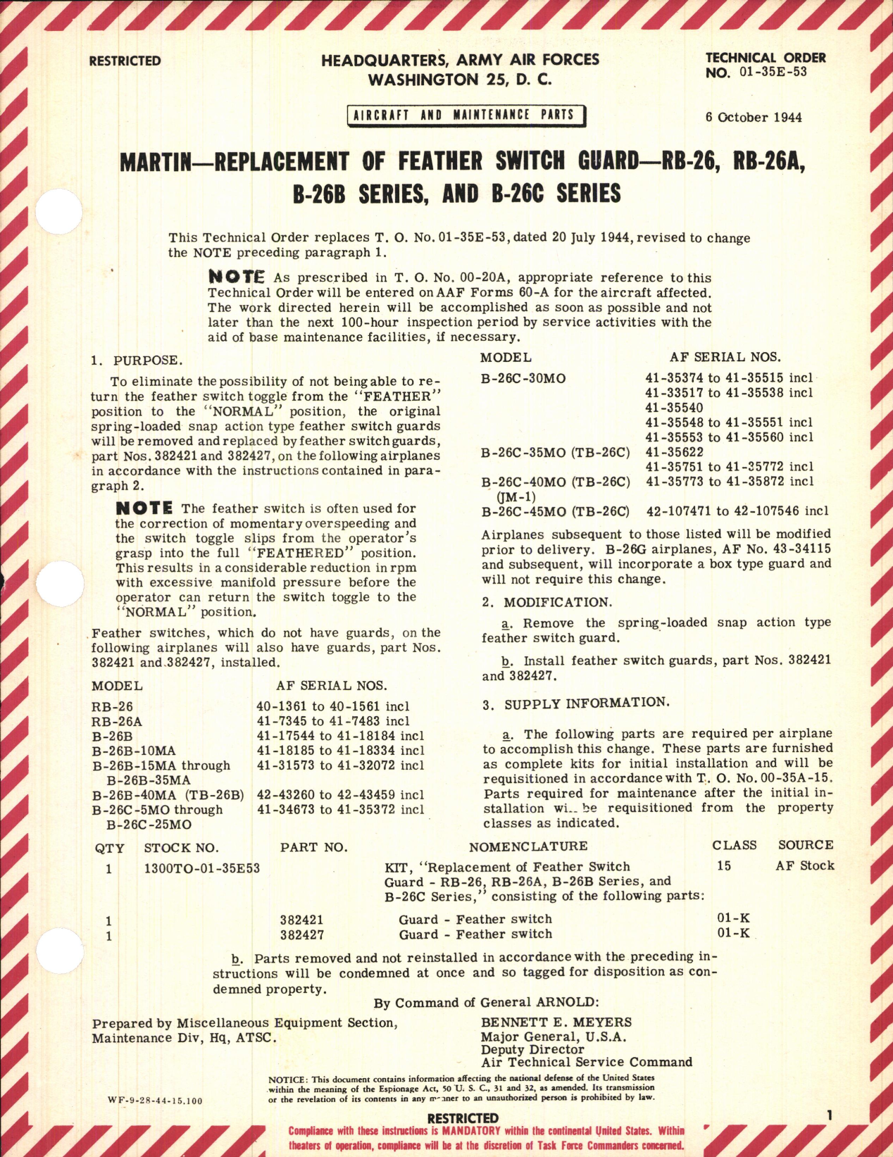 Sample page 1 from AirCorps Library document: Replacement of Feather Switch Guard for RB-26, RB-26A, B-26B, and B-26C Series