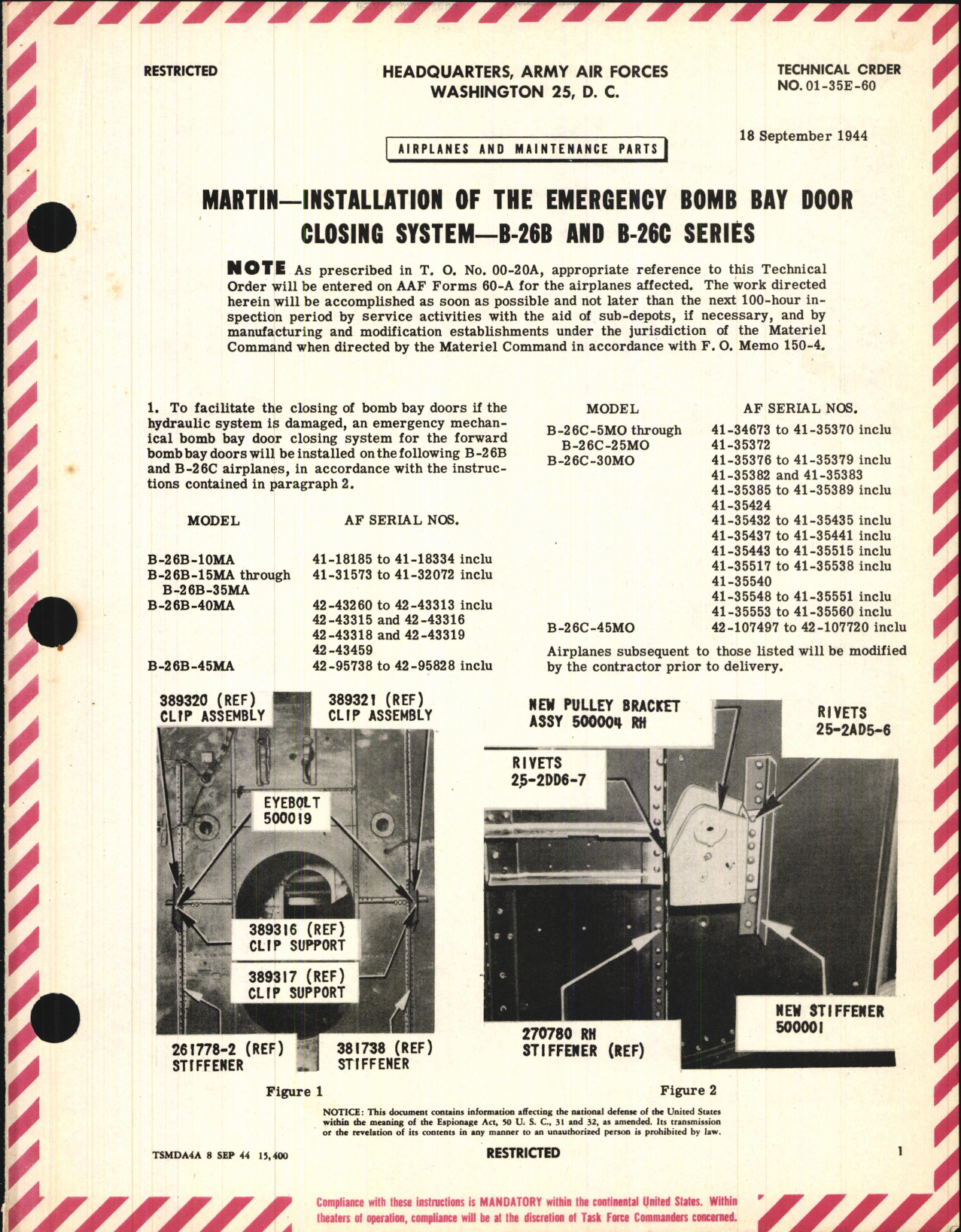 Sample page 1 from AirCorps Library document: Installation of the Emergency Bomb Bay Door Closing System for B-26B and B-26C Series