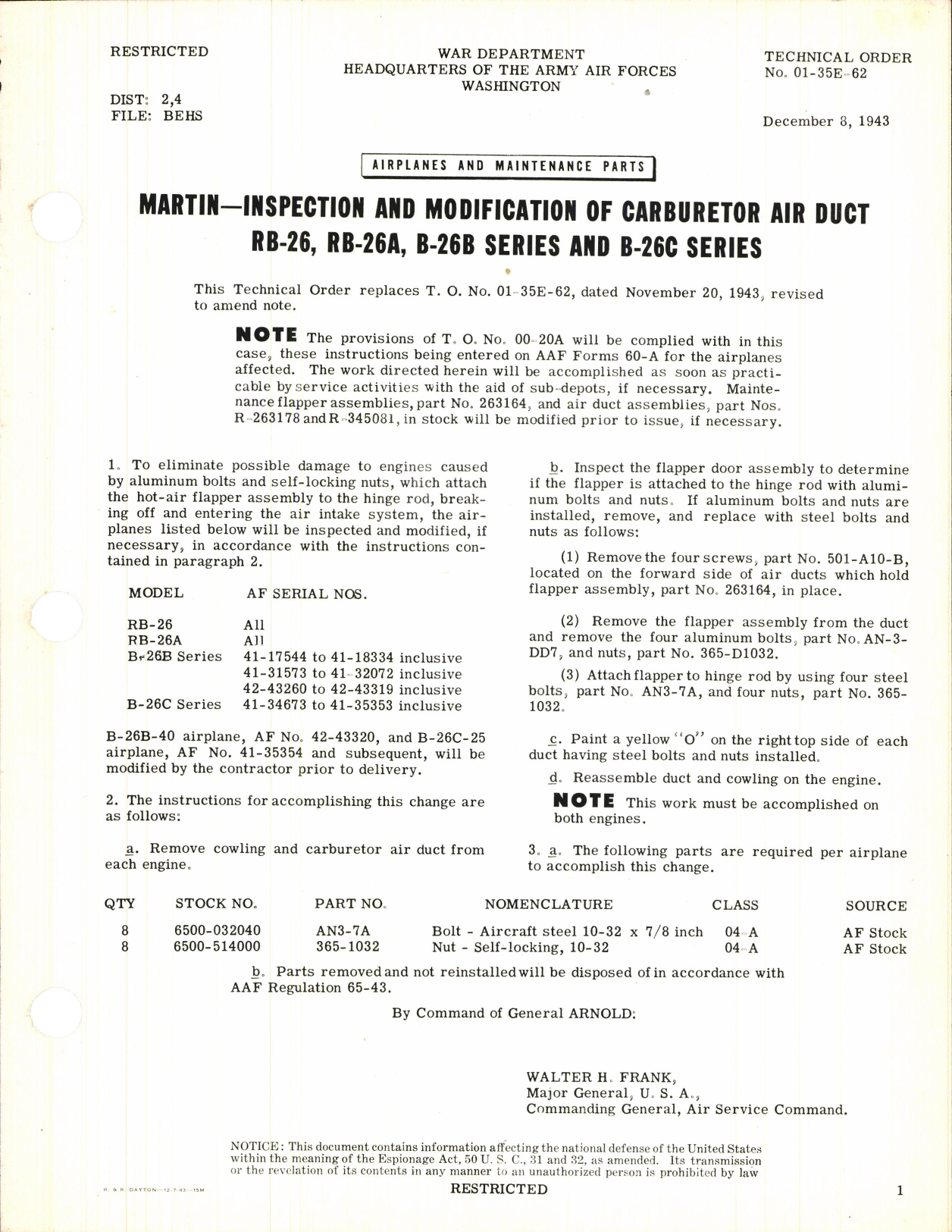 Sample page 1 from AirCorps Library document: Inspection and Modification of Carburetor Air Duct for RB-26, RB-26A, B-26B, and B-26C Series