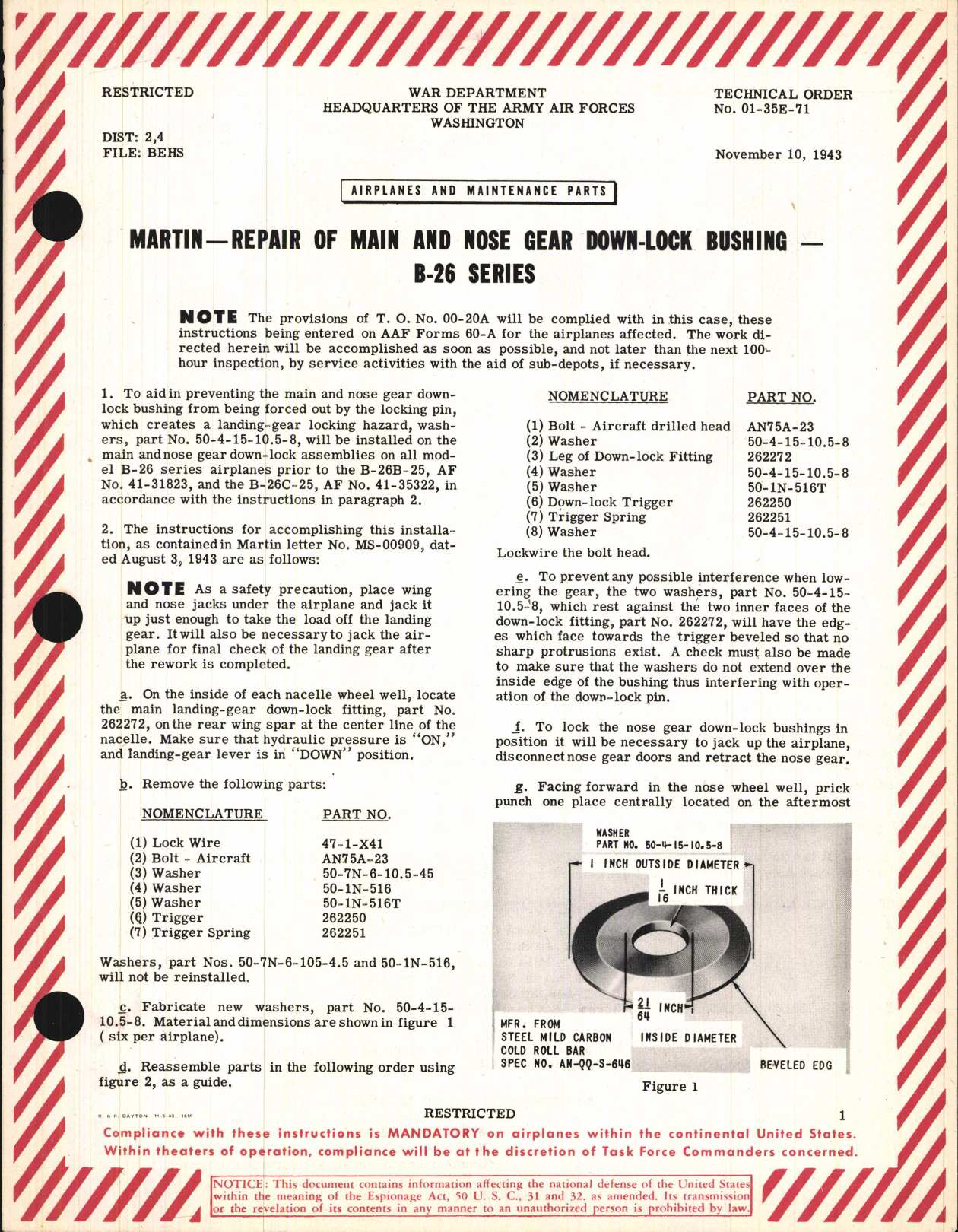 Sample page 1 from AirCorps Library document: Repair of Main Nose Gear Down-Lock Bushing for B-26 Series