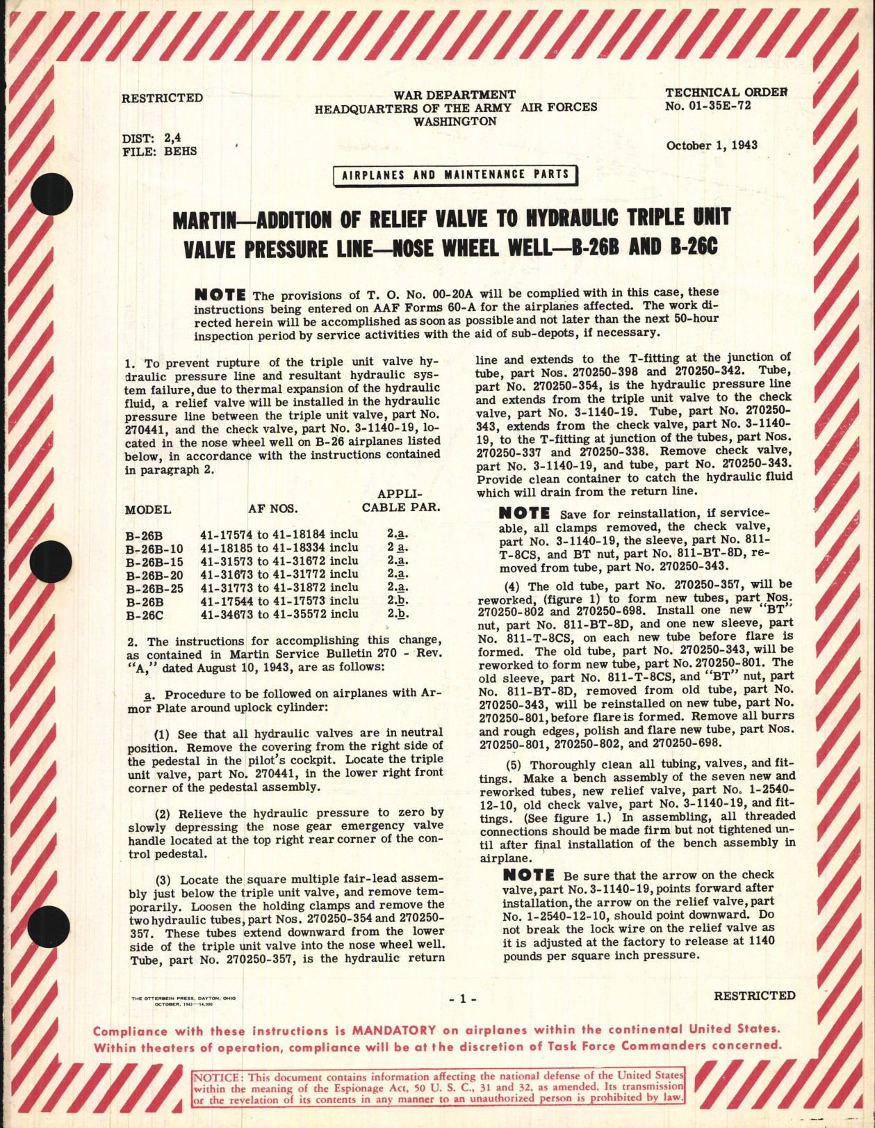 Sample page 1 from AirCorps Library document: Addition of Relief Valve to Hydraulic Triple Unit Valve Pressure Line - Nose Wheel Well - B-26B and B-26C