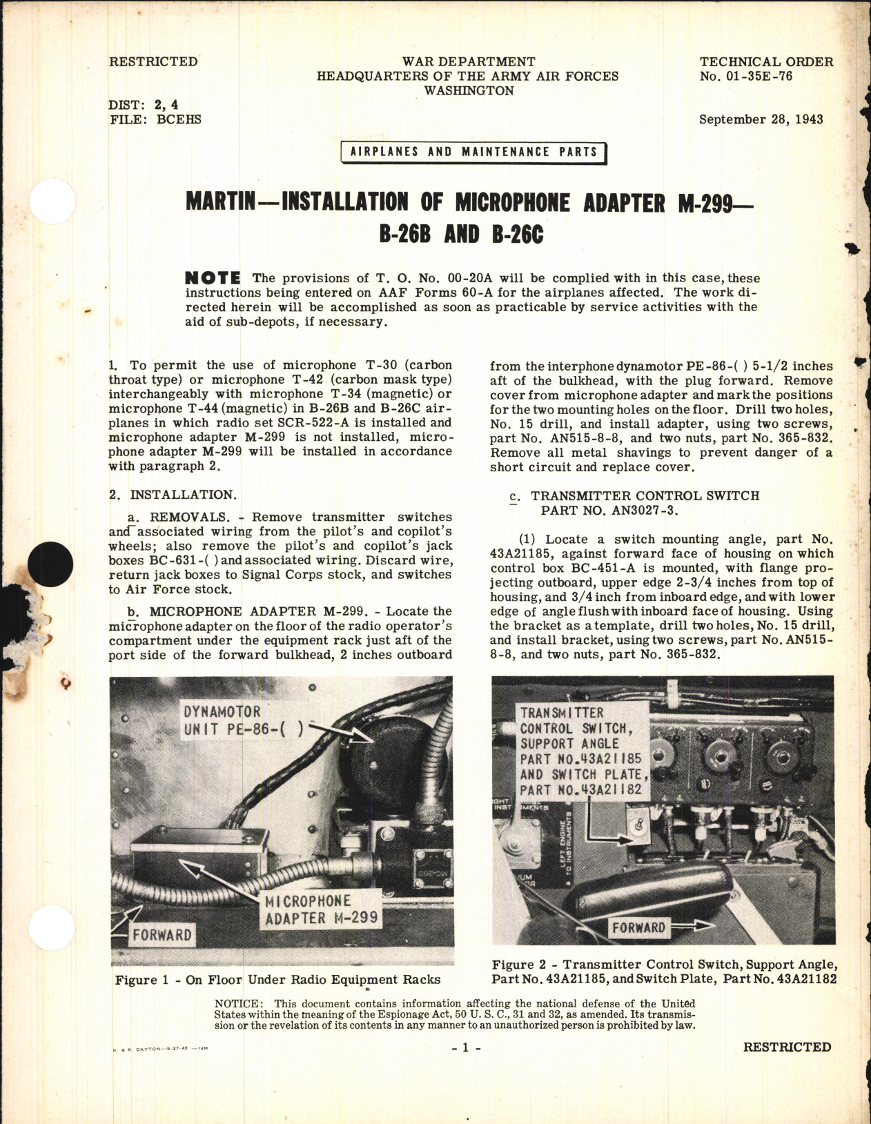 Sample page 1 from AirCorps Library document: Installation of Microphone Adapter M-299 for B-26B and B-26C