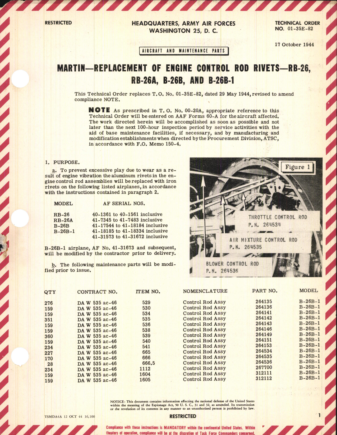 Sample page 1 from AirCorps Library document: Replacement of Engine Control Rod Rivets for RB-26, RB-26A, B-26B, and B-26B-1