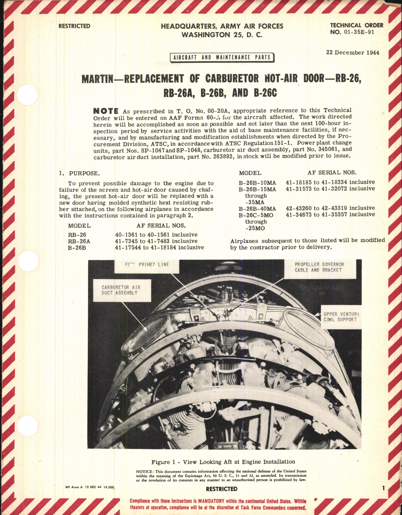 Sample page 1 from AirCorps Library document: Replacement of Carburetor Hot-Air Door for RB-26, RB-26A, B-26B, and B-26C
