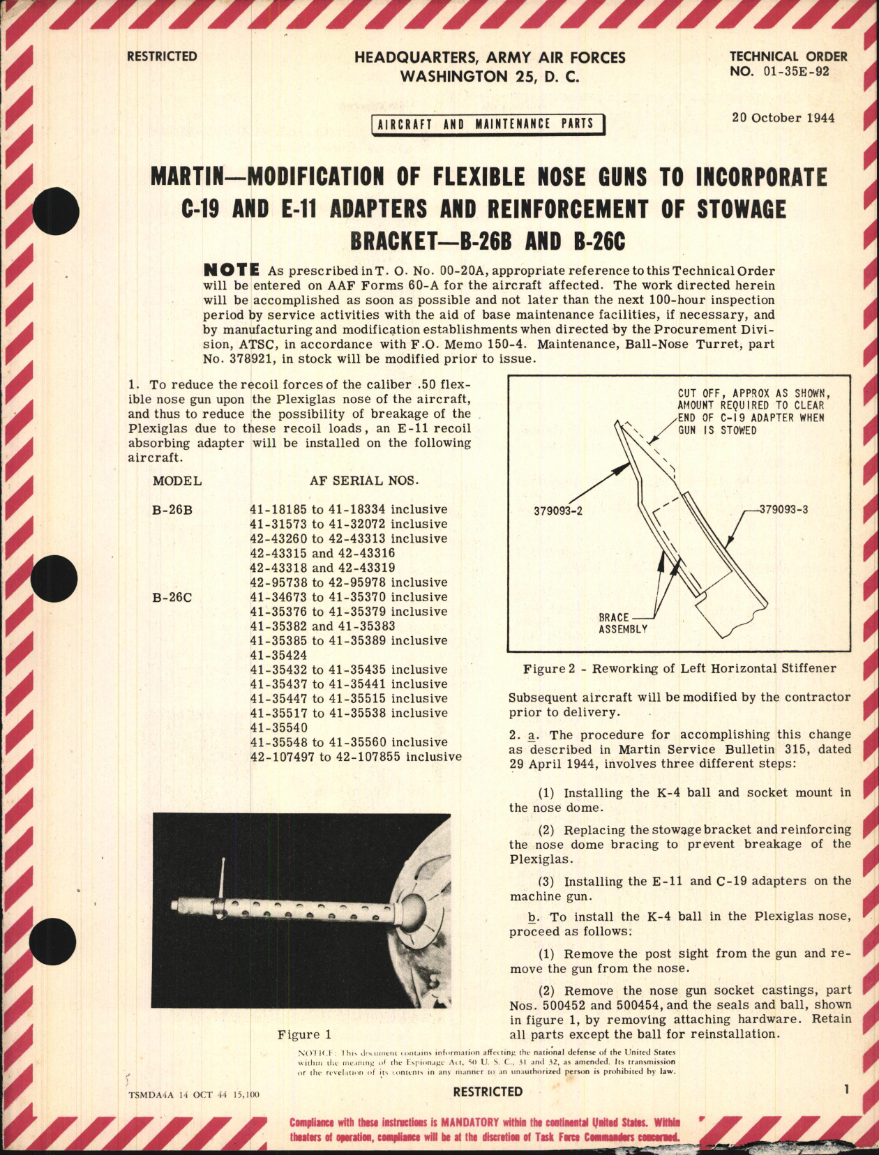 Sample page 1 from AirCorps Library document: Modification of Flexible Nose Guns to Incorporate C-19 and E-11 Adapters and Reinforcement of Stowage Bracket