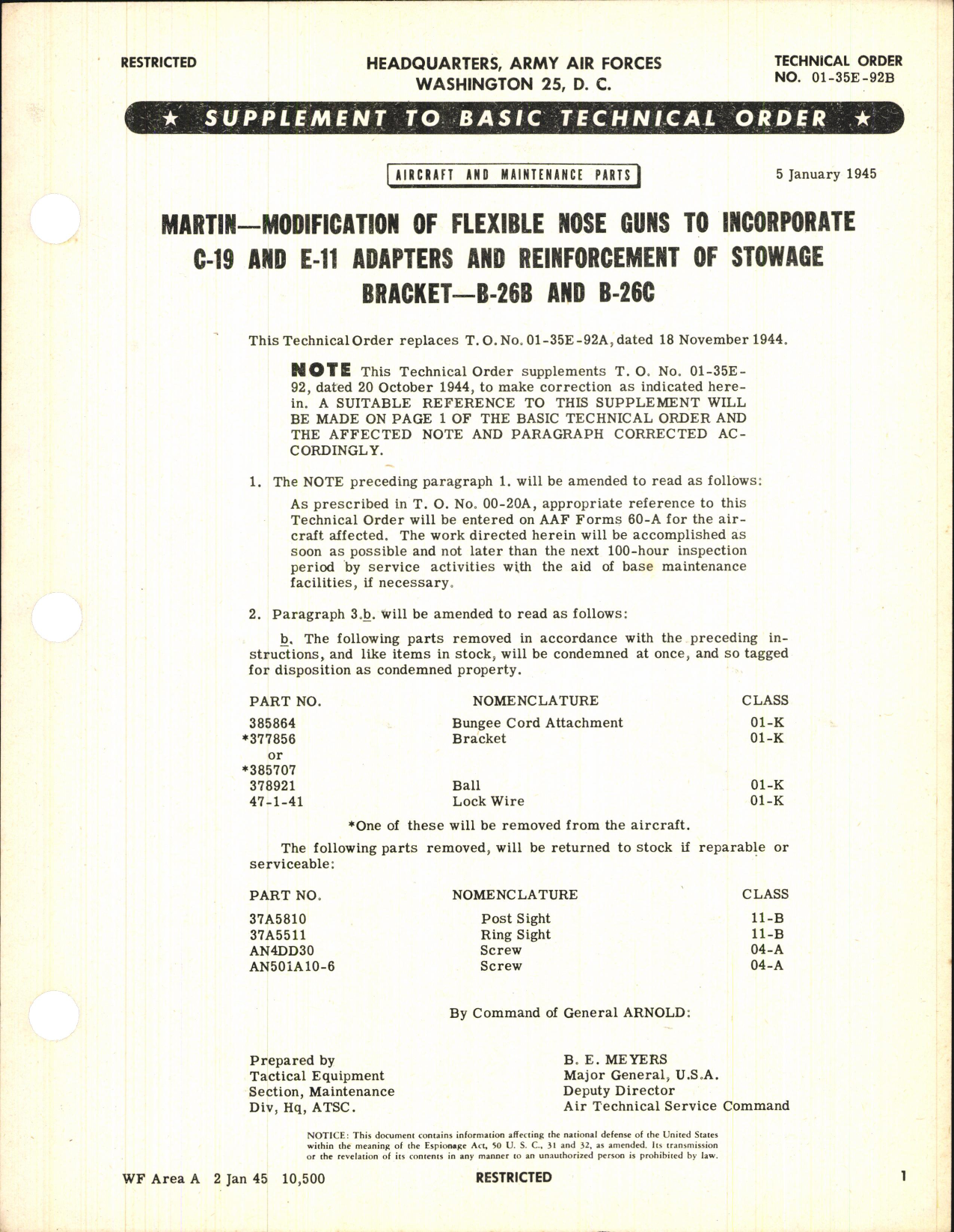 Sample page 1 from AirCorps Library document: Modification of Flexible Nose Guns to Incorporate C-19 and E-11 Adapters and Reinforcement of Stowage Bracket