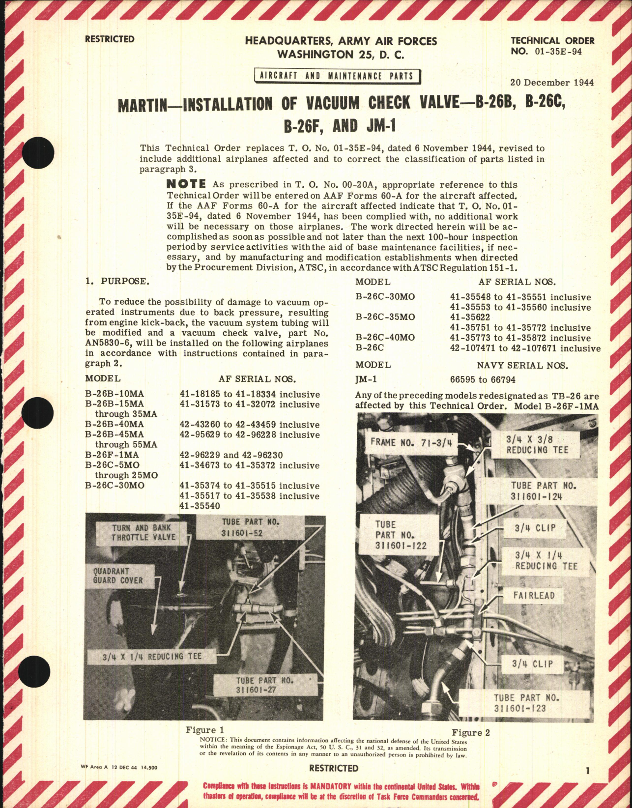 Sample page 1 from AirCorps Library document: Installation of Vacuum Check Valve for B-26B, B-26C, B-26F, and JM-1