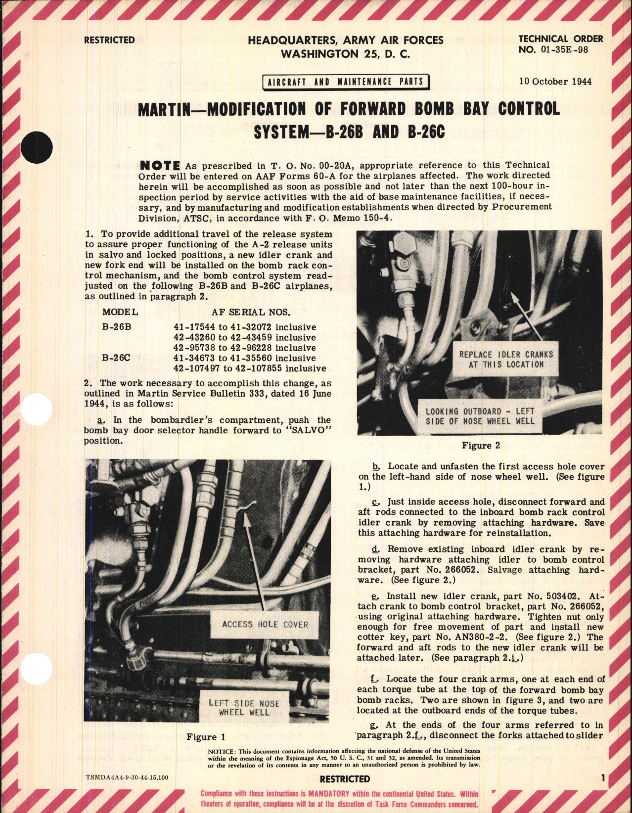 Sample page 1 from AirCorps Library document: Modification of Forward Bomb Bay Control System for B-26B and B-26C