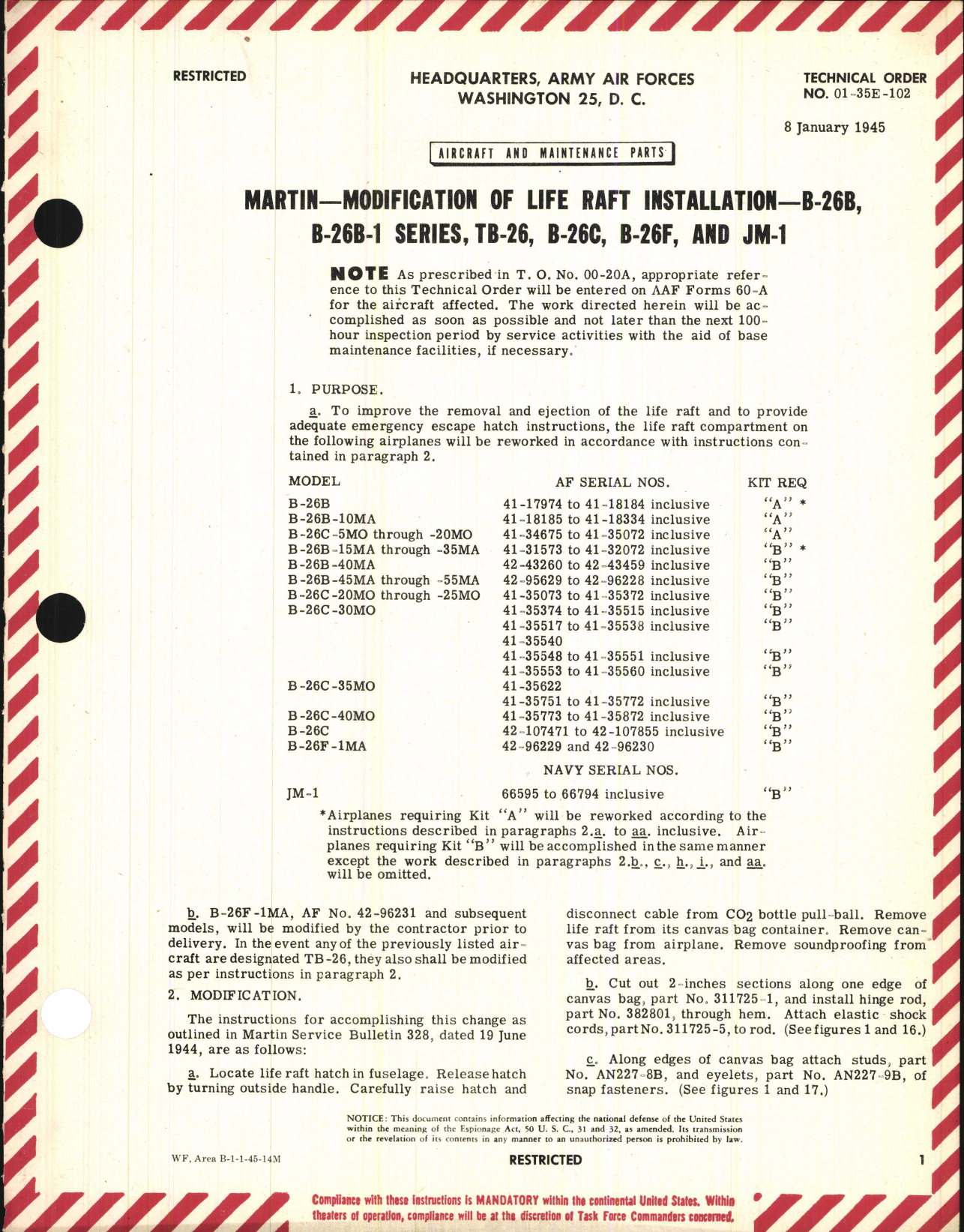 Sample page 1 from AirCorps Library document: Modification of Life Raft Installation for B-26B. B-26B-1, TB-26, B-26C, B-26F, and JM-1
