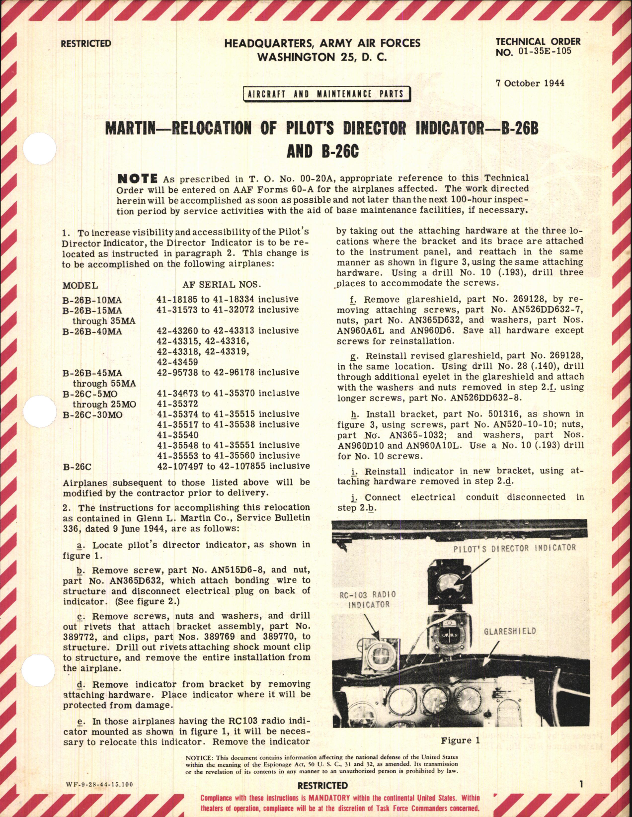 Sample page 1 from AirCorps Library document: Relocation of Pilot's Director Indicator for B-26B and B-26C