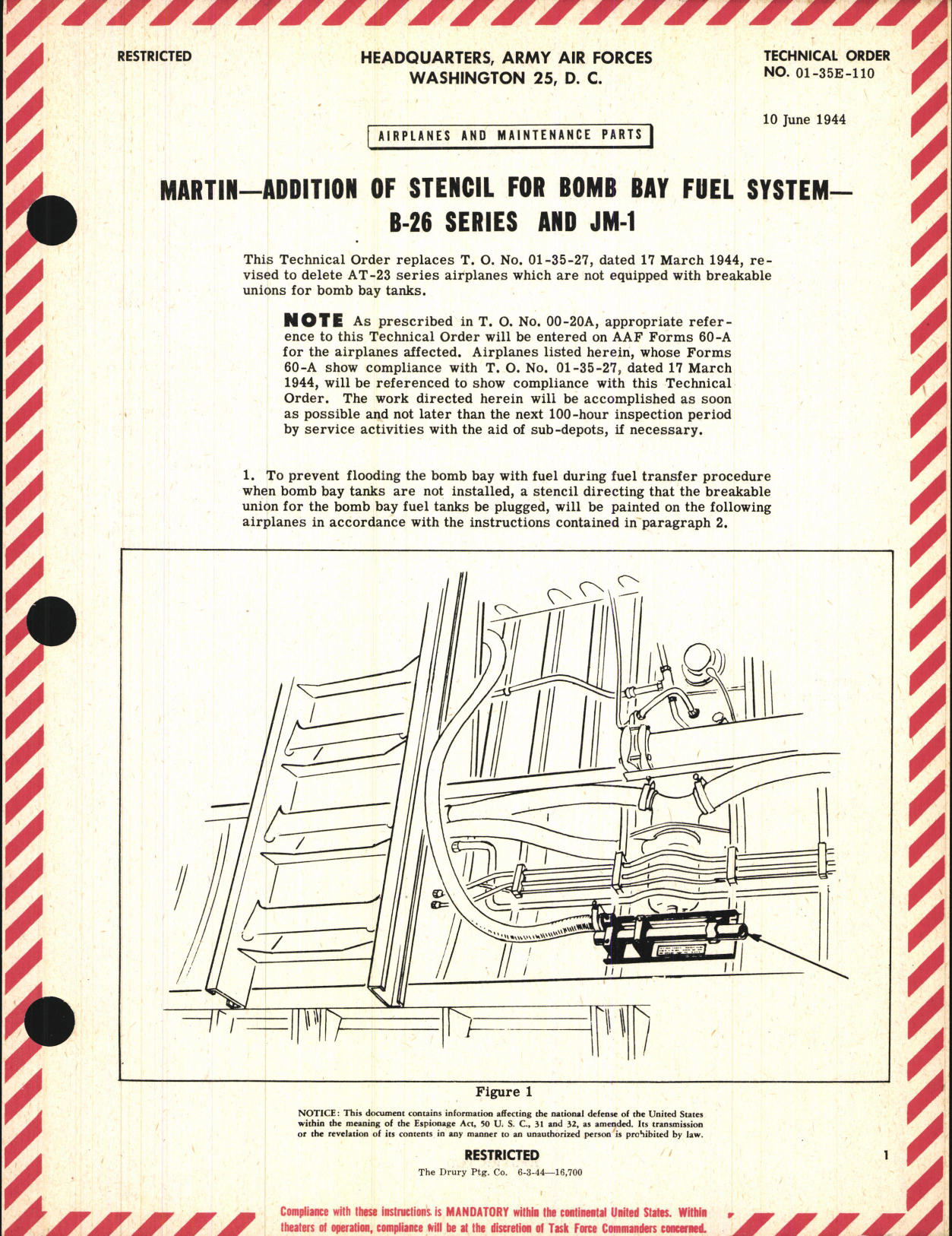 Sample page 1 from AirCorps Library document: Addition of Stencil for Bomb Bay Fuel System for B-26 Series and JM-1