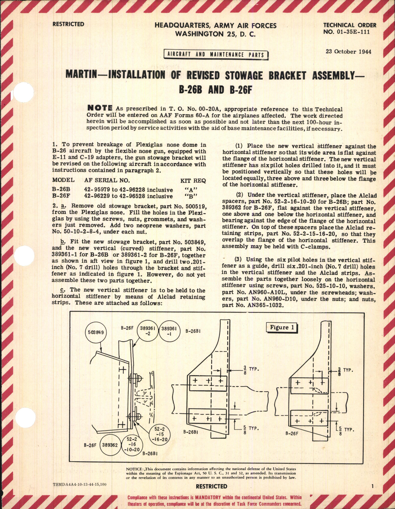 Sample page 1 from AirCorps Library document: Installation of Revised Stowage Bracket Assembly for B-26B and B-26F