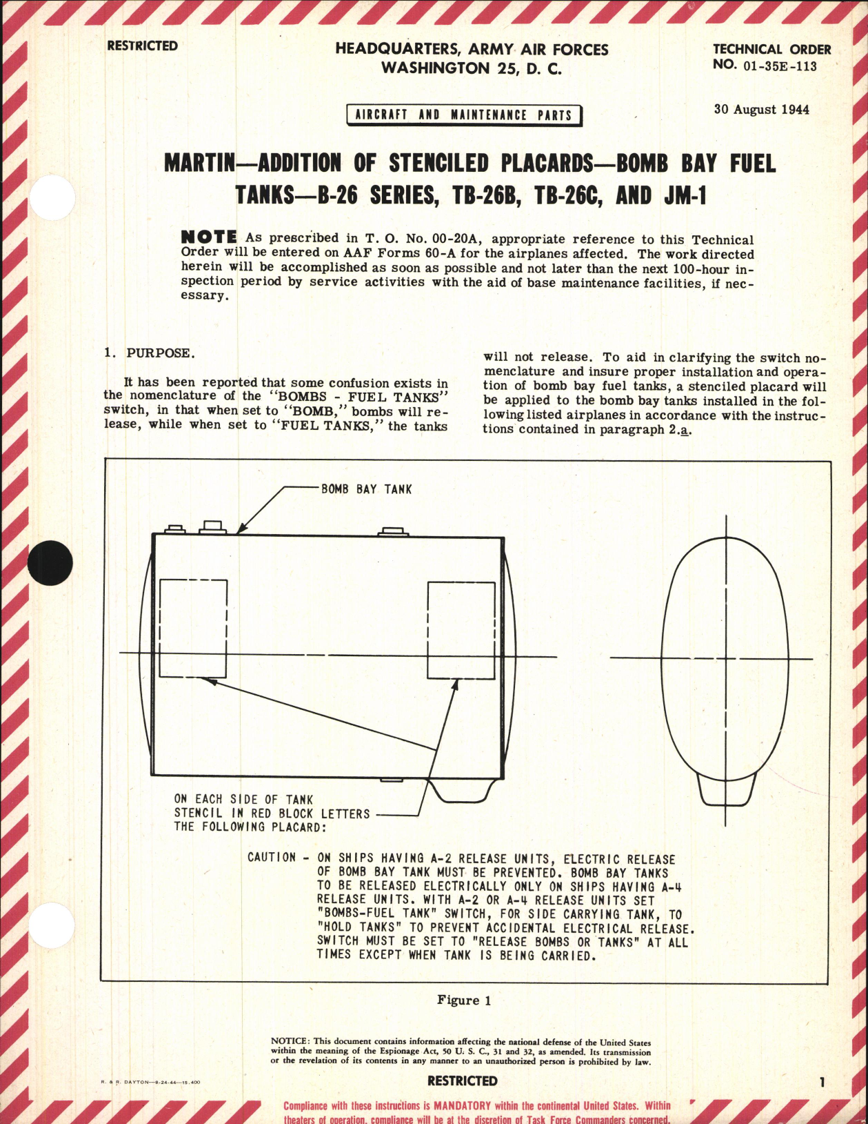 Sample page 1 from AirCorps Library document: Addition of Stenciled Placards on Bomb Bay Fuel Tanks for B-26 Series, TB-26B, TB-26C, and JM-1