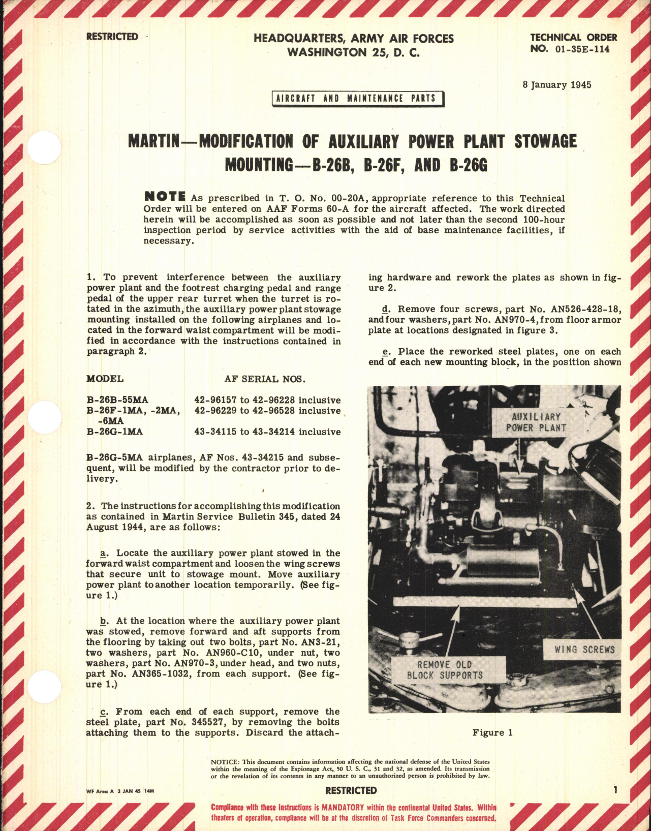 Sample page 1 from AirCorps Library document: Modification of Auxiliary Power Plant Stowage Mounting for B-26B, B-26F, and B-26G