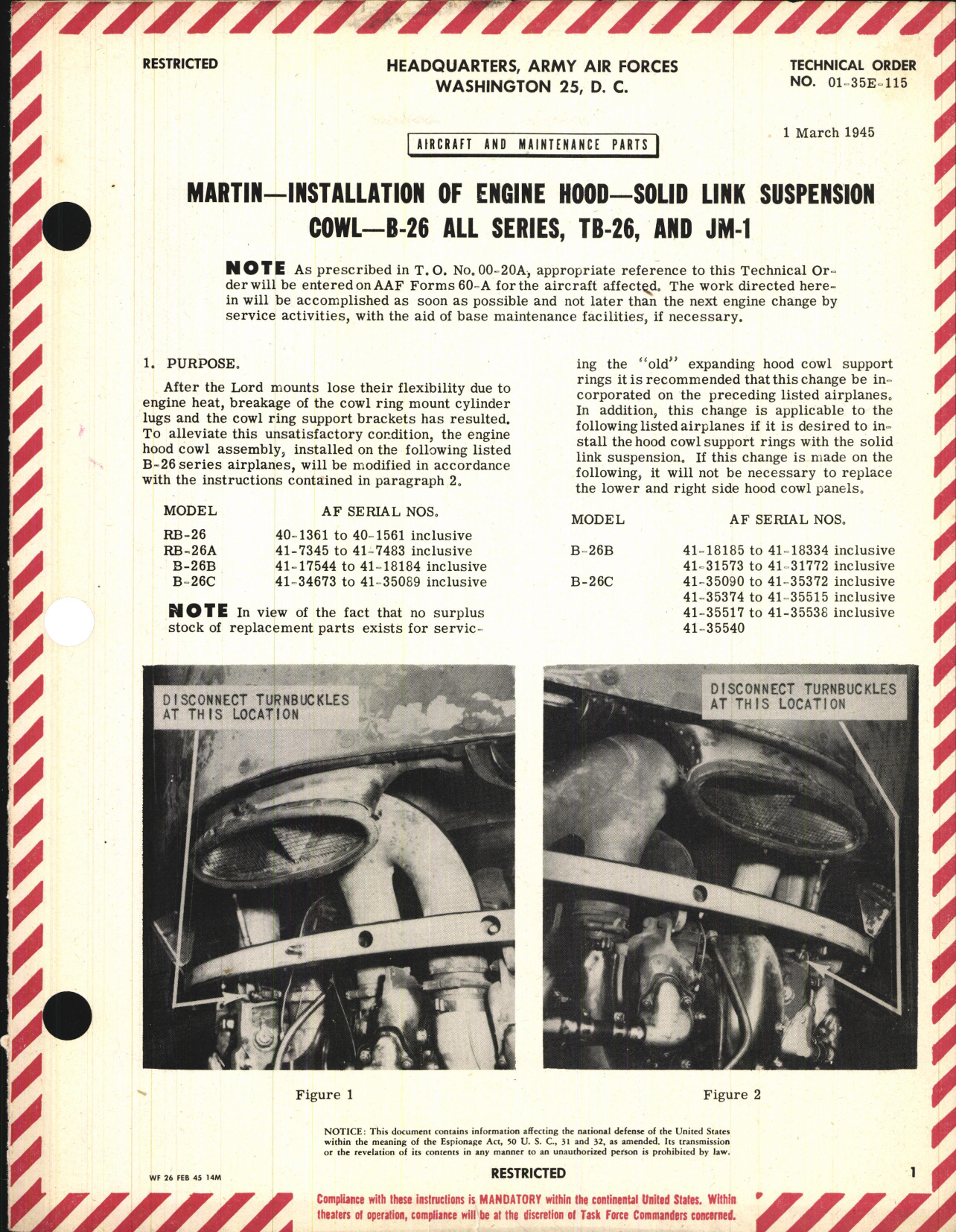 Sample page 1 from AirCorps Library document: Installation of Engine Hood - Solid Link Suspension Cowl - For B-26 All Series, TB-26, and JM-1