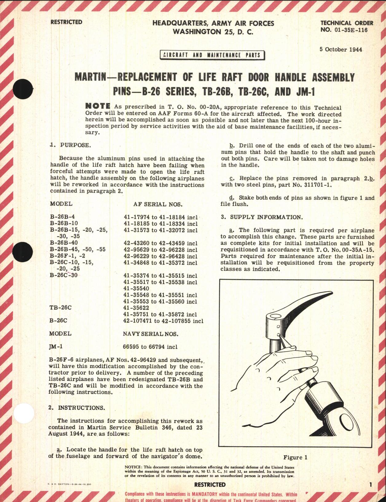 Sample page 1 from AirCorps Library document: Replacement of Life Raft Door Handle Assembly Pins for B-26 Series, TB-26B, TB-26C, and JM-1