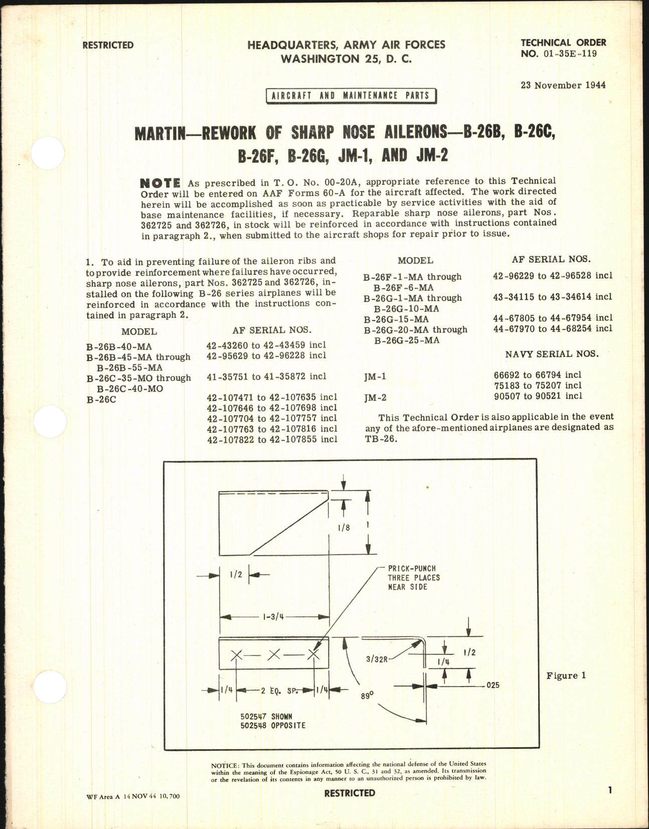 Sample page 1 from AirCorps Library document: Rework of Sharp Nose Ailerons for B-26B, B-26C, B-26F, B-26G, JM-1, and JM-2