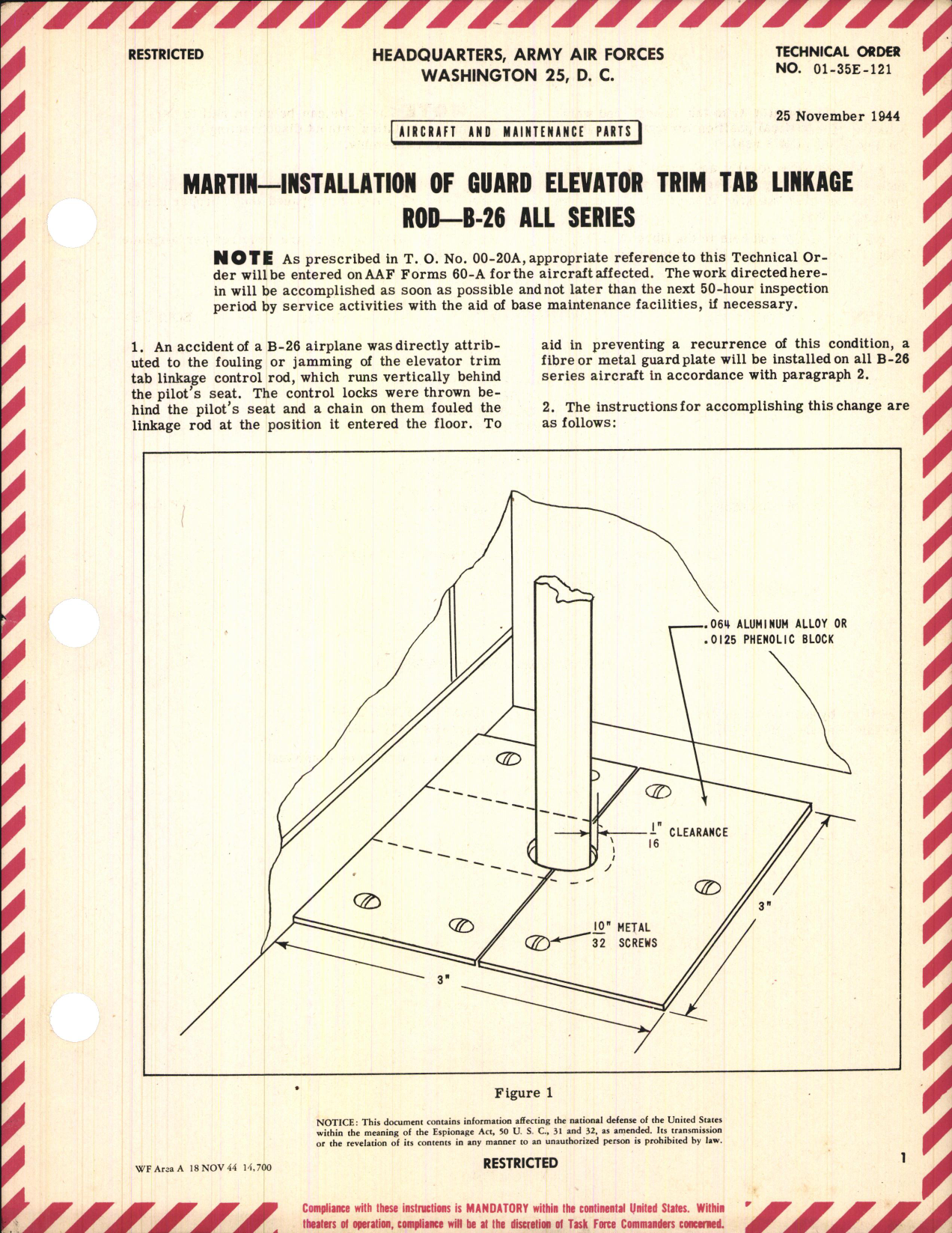 Sample page 1 from AirCorps Library document: Installation of Guard Elevator Trim Tab Linkage Rod for B-26 All Series