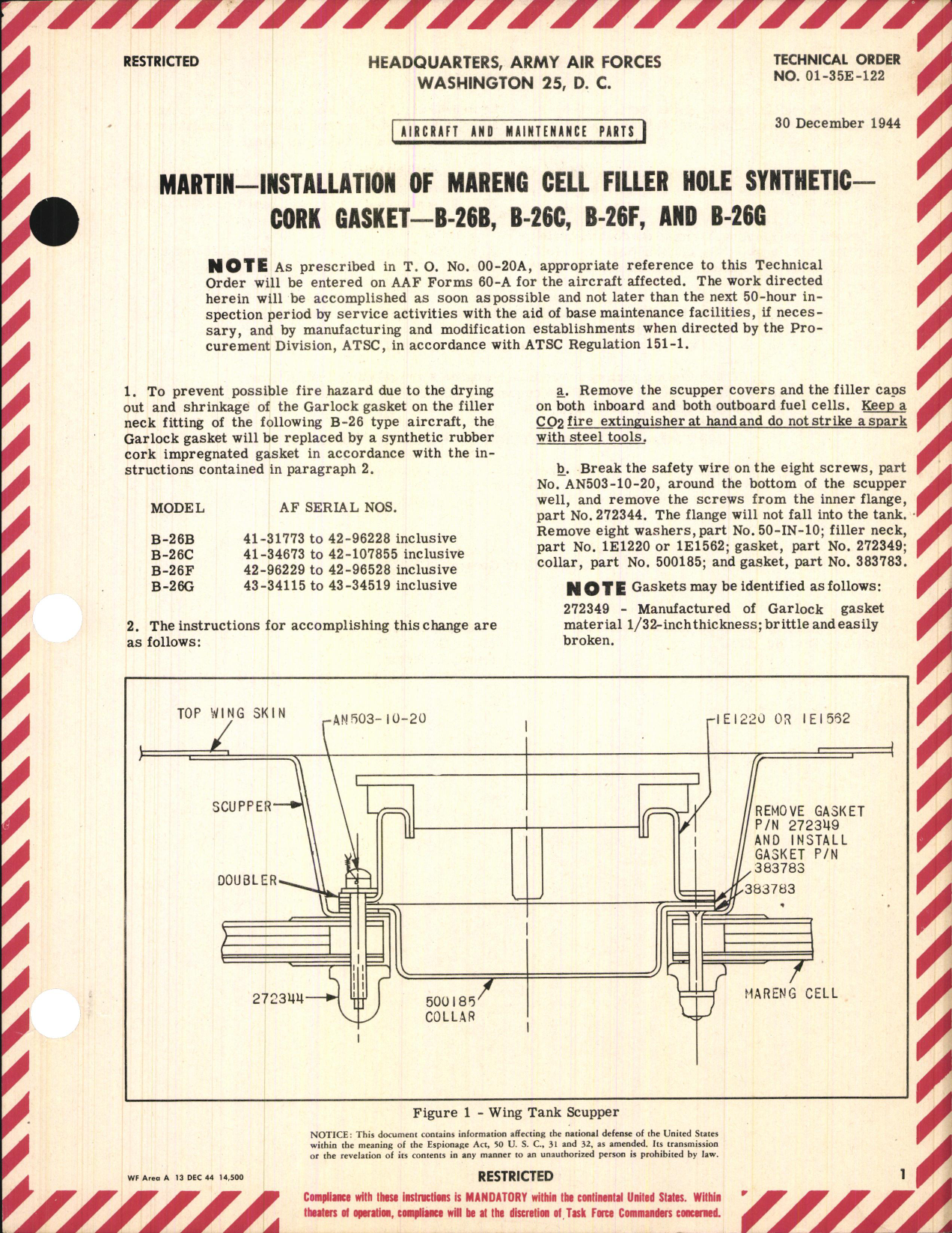 Sample page 1 from AirCorps Library document: Installation of Mareng Cell Filler Hole Synthetic Cork Gasket for B-26B, B-26C, B-26F, and B-26G