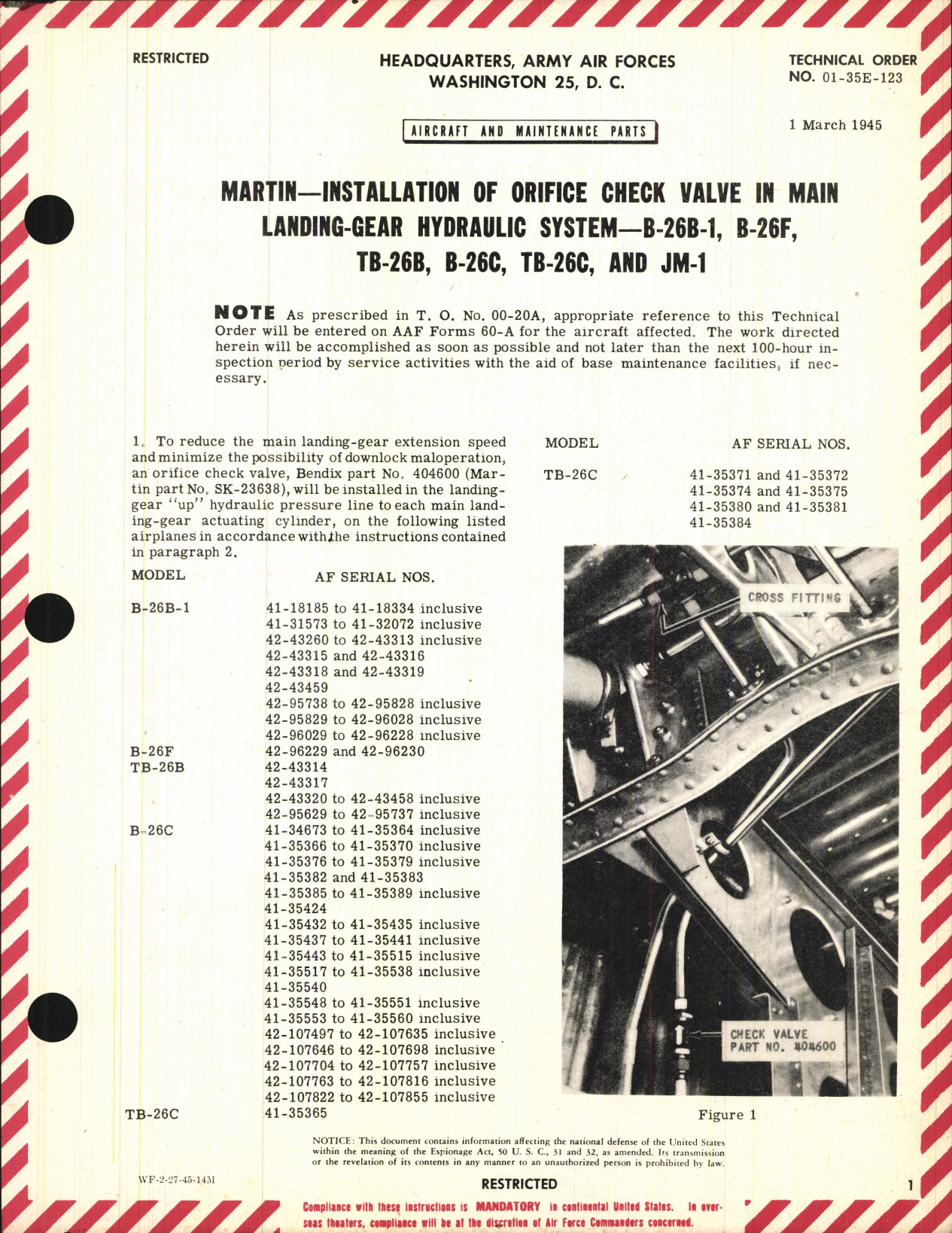 Sample page 1 from AirCorps Library document: Installation of Orifice Check Valve in Main Landing-Gear Hydraulic System