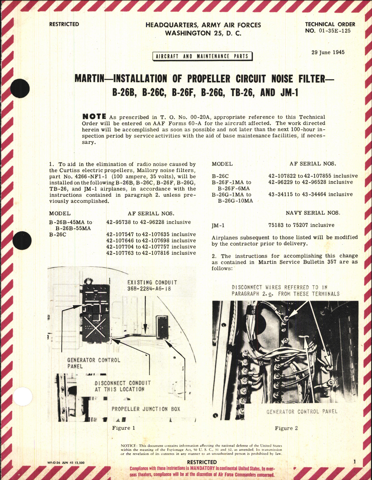 Sample page 1 from AirCorps Library document: Installation of Propeller Circuit Noise Filter for B-26B, B-26C, B-26F, B-26G, TB-26, and JM-1